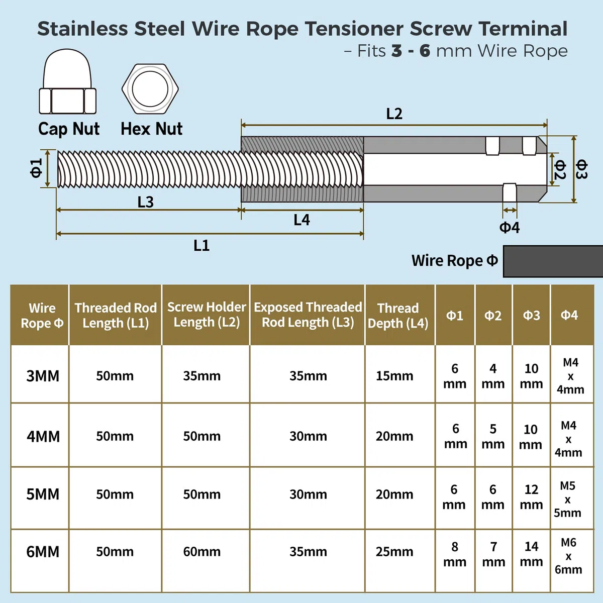 Terminal de cable de alambre de 4 mm, tensor de cuerda de alambre de acero inoxidable para fijación