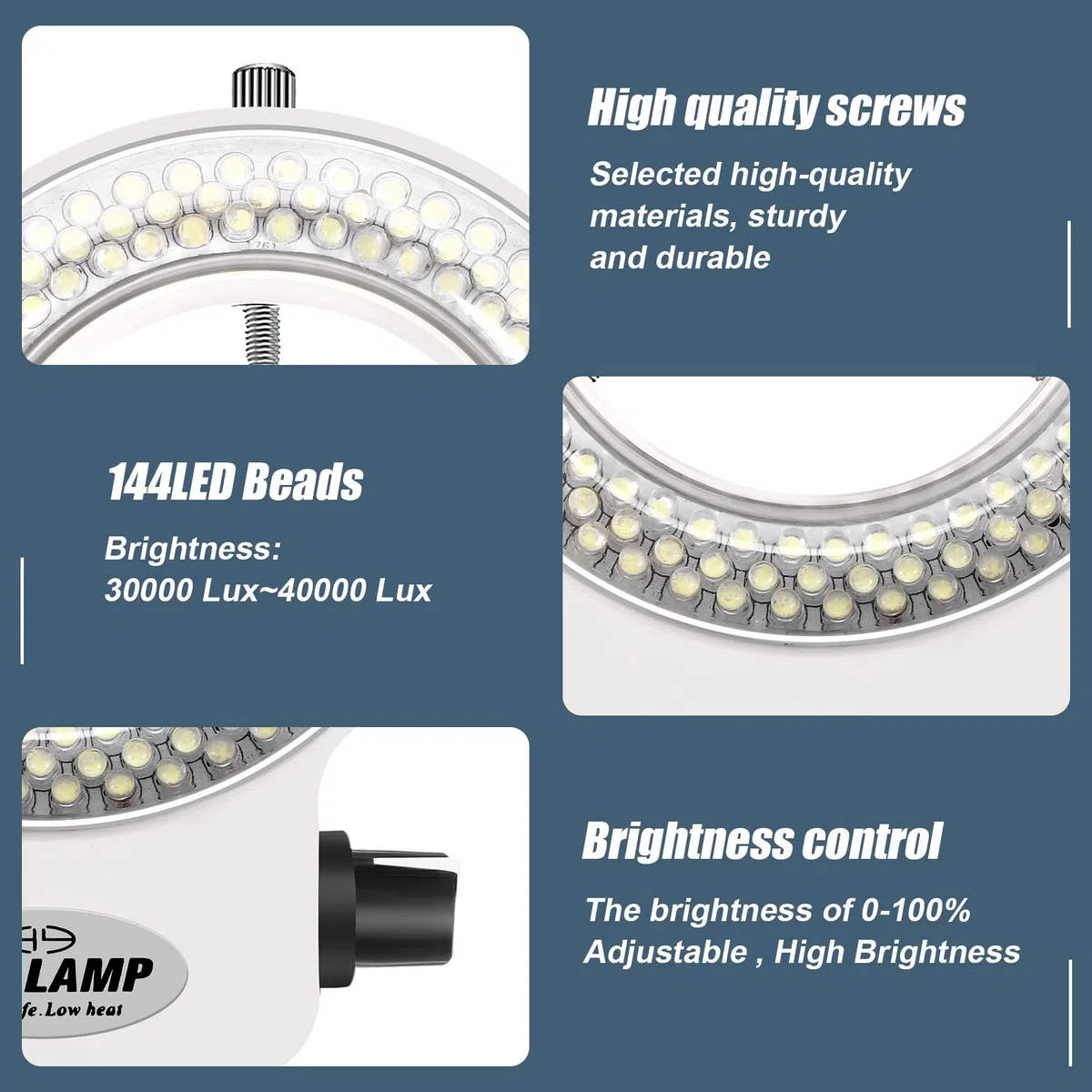 Anillo de luz industrial, 144 LED, 6000 K, 0-100% brillo ajustable, para microscopios y cámaras, incluye fuente de alimentación con enchufe de la UE