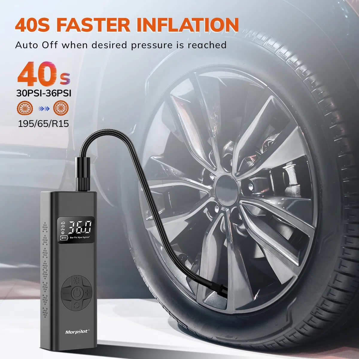 Morpilot 7800mAh Compresor de Aire Portátil, 150 PSI Inflador Inalámbrico para Neumáticos de Coche con Enchufe para Encendedor, Luz LED, Manguera de 30 cm y 4 Agujas para Coches, Motos, Bicicletas