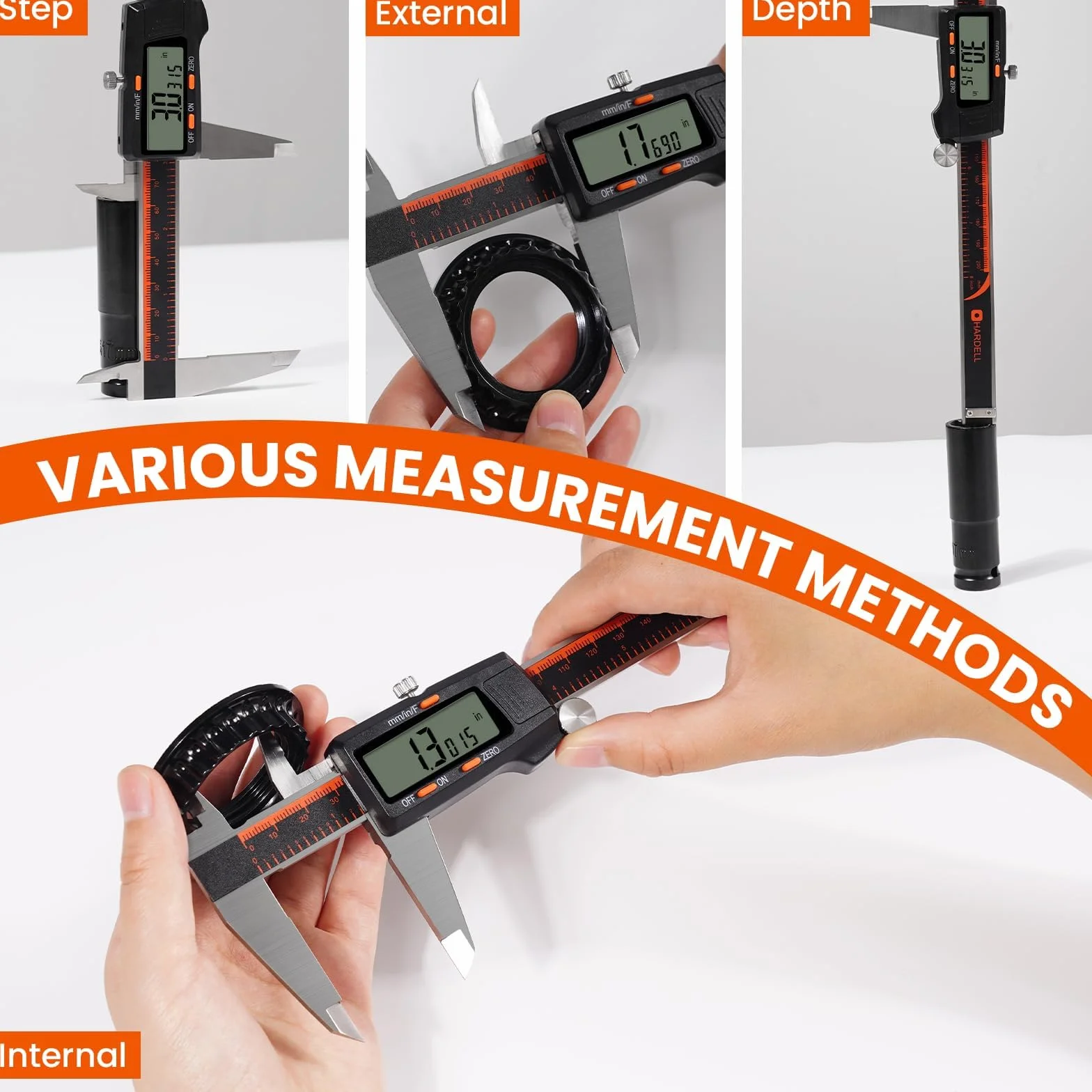 HARDELL Calibrador Digital 0-8 Pulgadas, Pantalla LCD Grande, Acero Inoxidable, Apagado Automático, Medición en Pulgadas/Milímetros/Fracciones, Impermeable, Herramienta de Precisión para Bricolaje