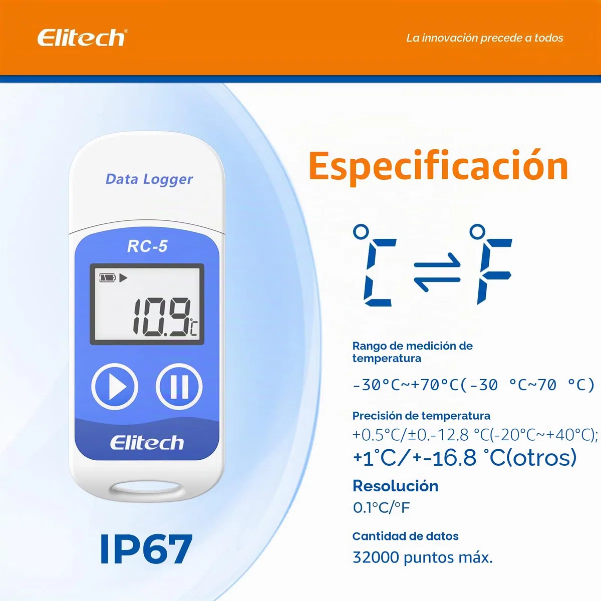 Elitech RC-5 Registrador de Datos de Temperatura USB, Registrador de Temperatura de Registro de Alta Precisión 32000 Puntos Capacidad, Software para Mac y PC, Reutilizable