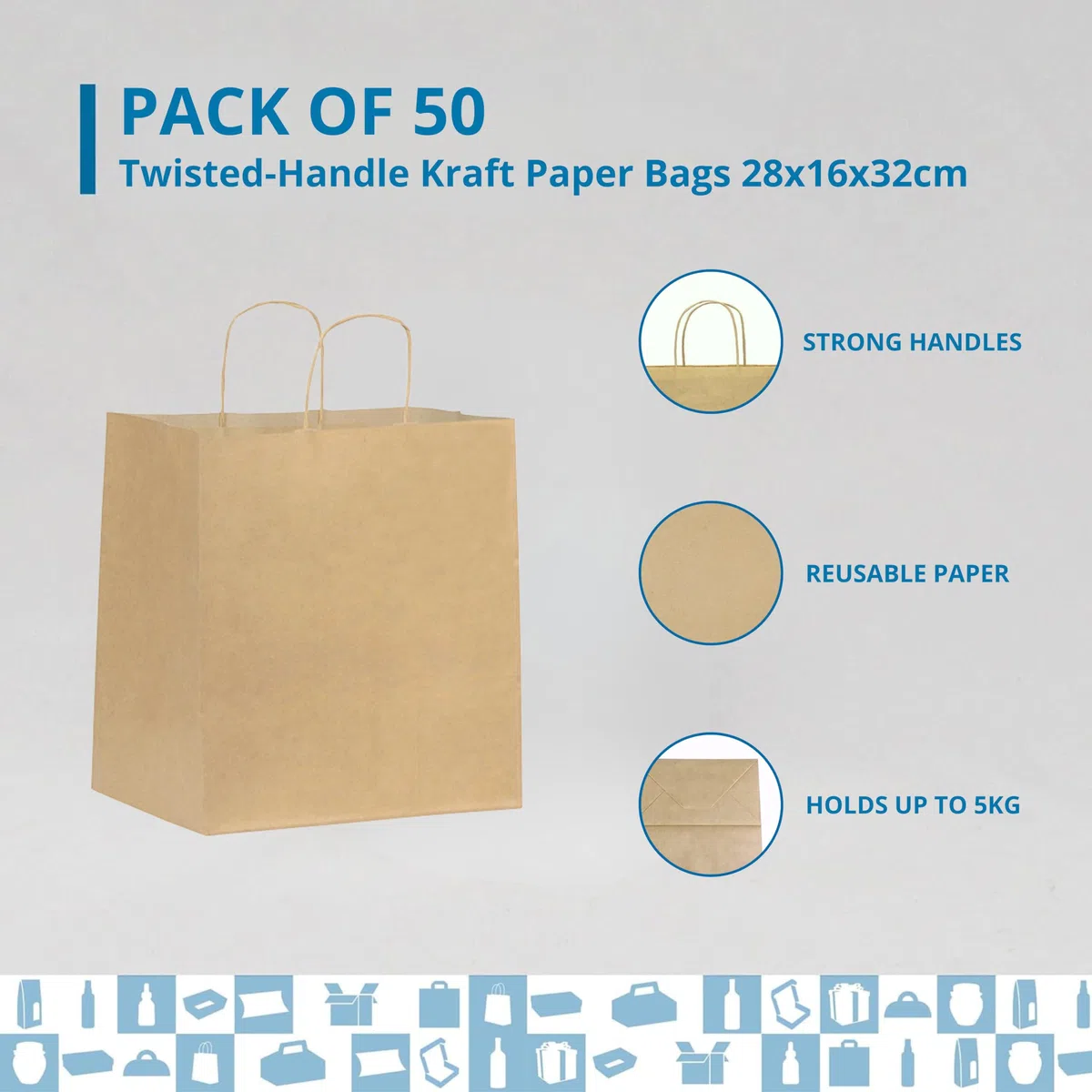 50 bolsas de papel Kraft con asas | bolsa Take Away: bolsa de comida para llevar | bolsa de regalo para Navidad (28 x 16 x 32 cm)