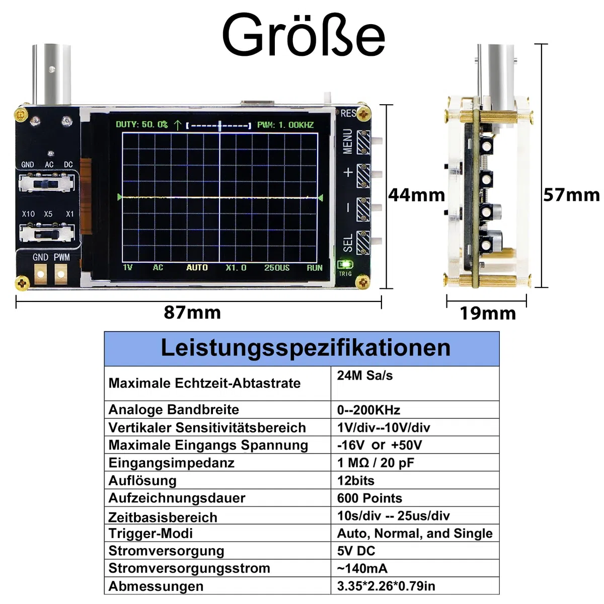 Treedix Kit de mini osciloscopio digital de mano con pantalla LCD de 2,4 pulgadas, 3 modos de disparo, 24 MSa/s de alta frecuencia de muestreo, ancho de banda de 200 kHz, sensibilidad X10/X5/X1,