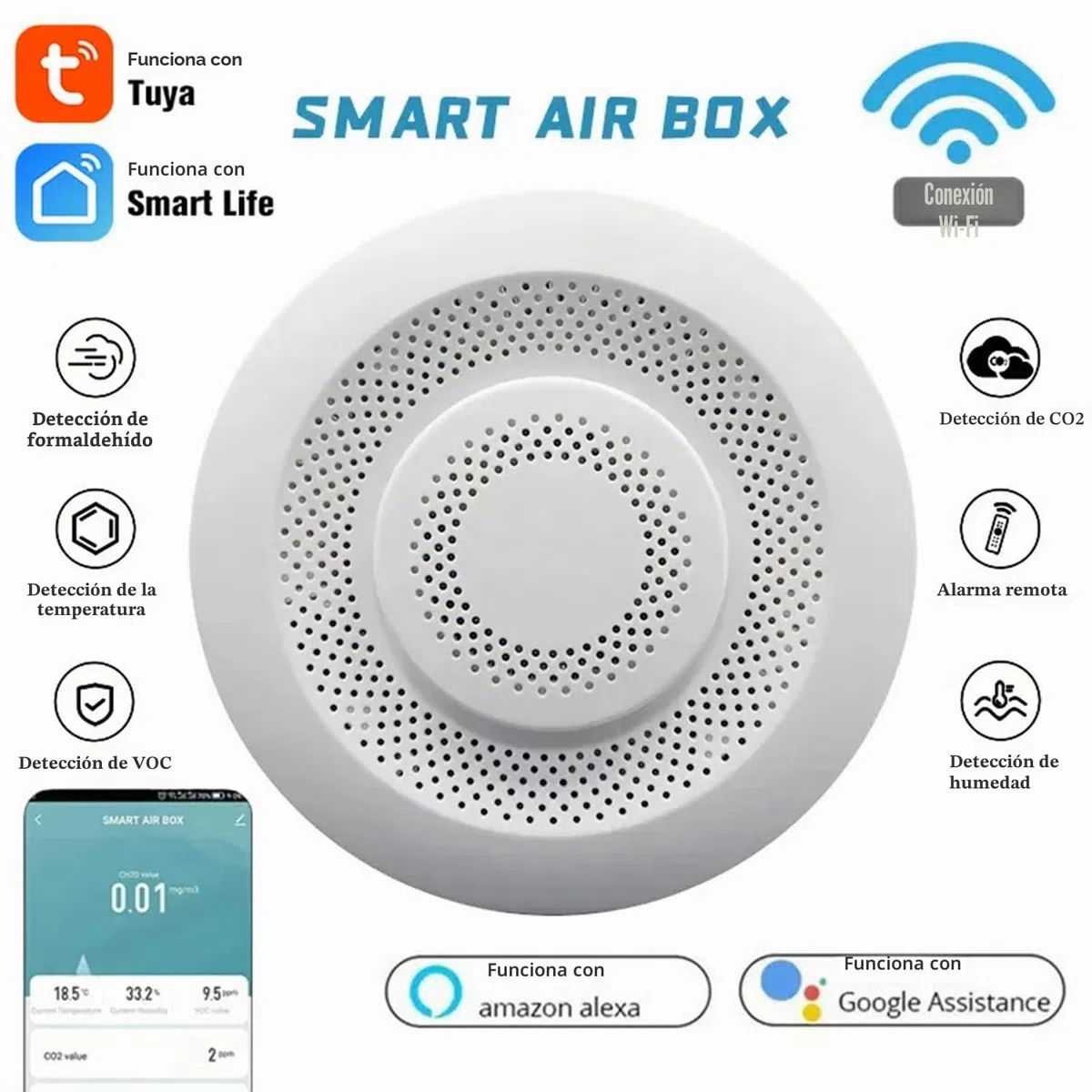Monitor inteligente de calidad del aire: medidor de calidad del aire interior por WiFi detecta CH2O, CO2, VOC, temperatura y humedad, control por aplicación, termómetro y monitor de humedad para la