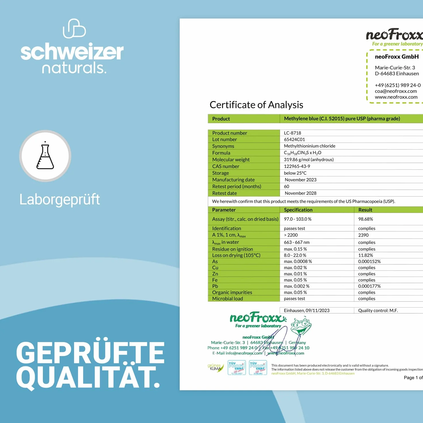 Solución de Azul de Metileno al 1% de calidad farmacéutica USP pura, 2x 100 ml de solución acuosa, sin aditivos, calidad verificada en laboratorio - fabricada en Alemania
