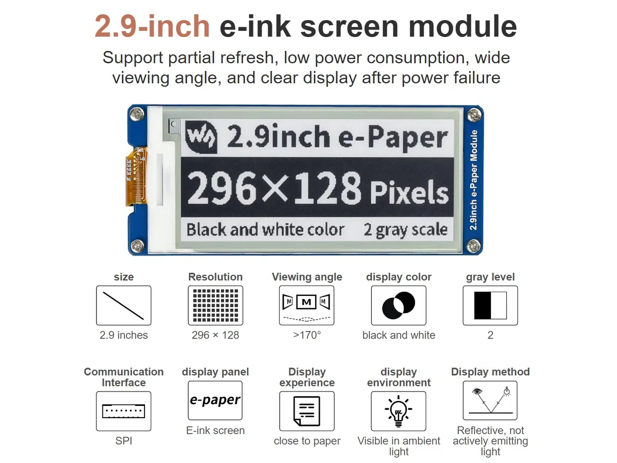 2.9inch E-Paper Module 296x128 Resolution 3.3V/5V Two-Color E-Ink Display Module epaper Screen SPI Interface for Raspberry Pi/Arduino/Nucleo Support Partial Refresh