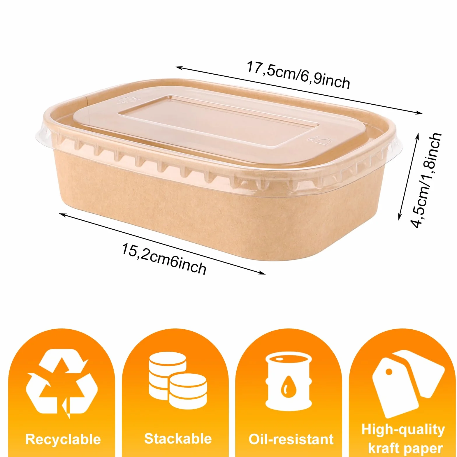 Pack de 50 Envases de Plastico con Tapa, Envase Plastico Comida para Llevar 500 ml con Tapa PET, Envases Comida para Llevar Cajas Kraft 171x120x43 Mm para Ensalada Pasta