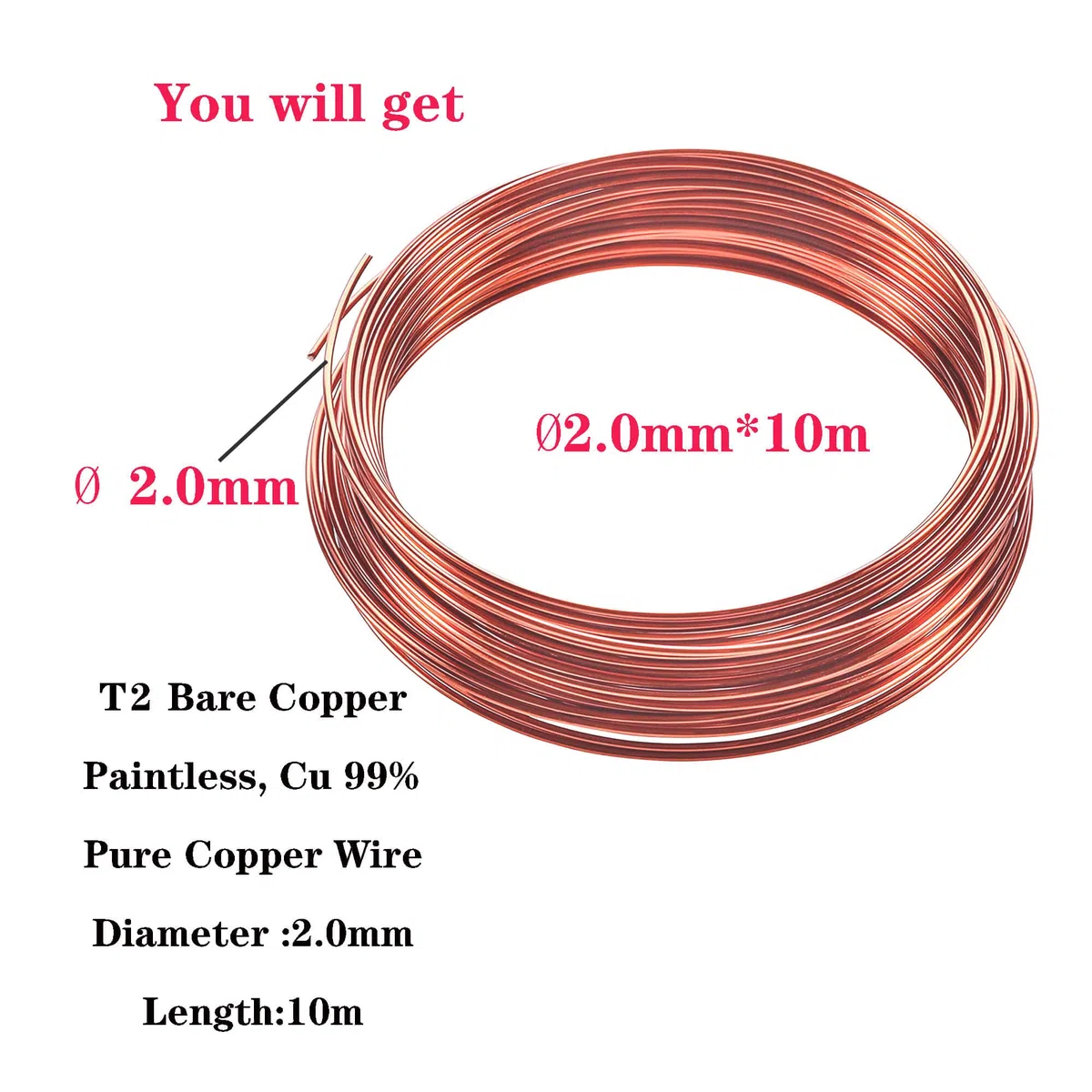 Alambre de Cobre Puro T2 Desnudo, ø1,0mm-20m, 2mm, Cu 99, para Bobinado, DIY, Manualidades, Ingeniería Eléctrica y Mecánica