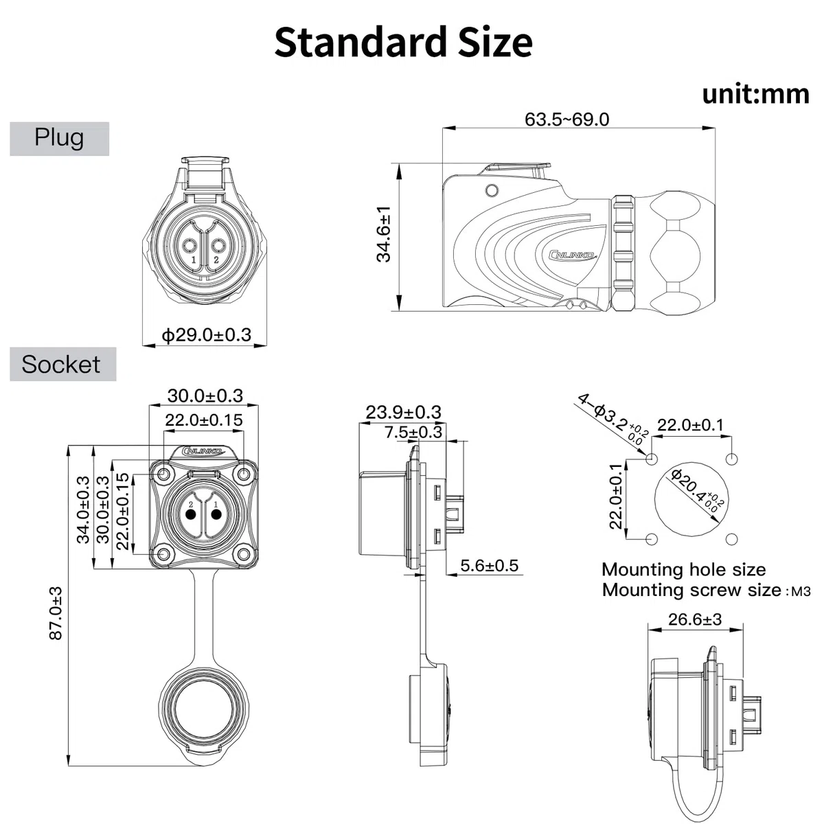 CNLINKO LP20 2-Pines Conector impermeable con montaje inverso, IP68 hembra y macho, Para aplicaciones automotrices y equipos exteriores (2 pines Metal)