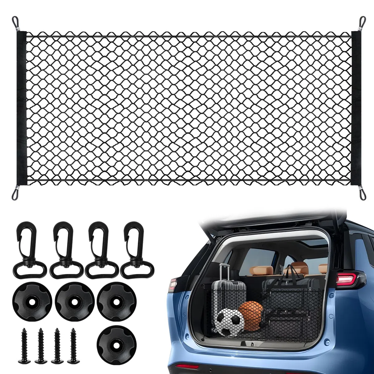 Red Maletero Coche, Red Maletero Autocaravana, Red Maletero 110x50cm con 4 Ganchos Grandes Y Accesorios, Se Extiende hasta 150x100cm, Red Maletero Coche Ultraflexible