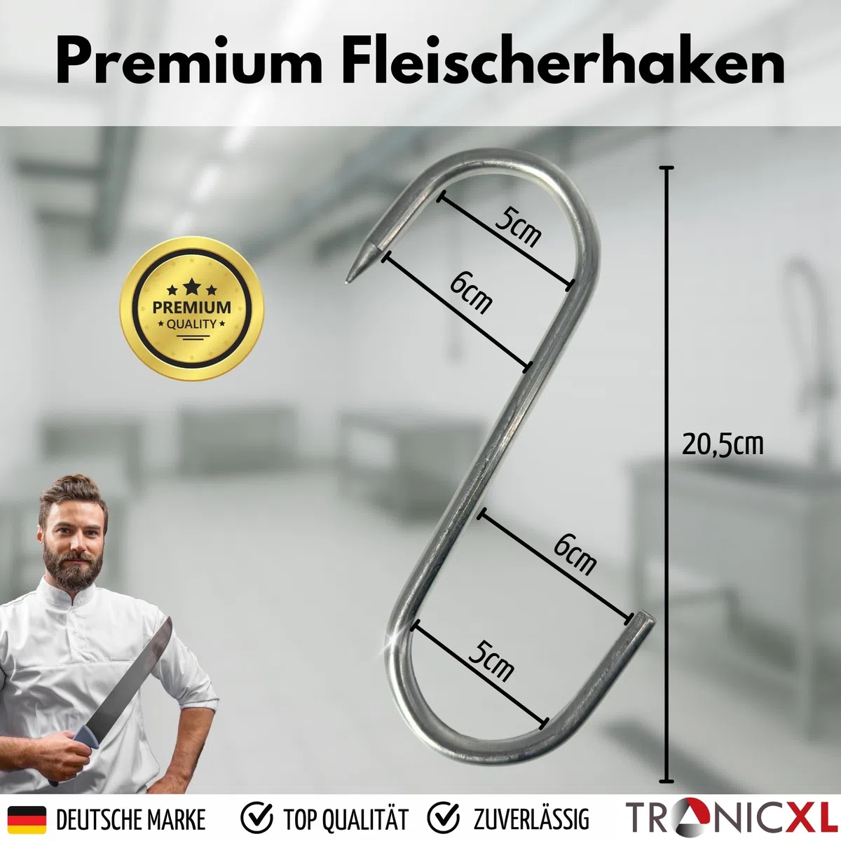 TronicXL Premium - Gancho en S de acero inoxidable, 200 mm x 10 mm, para carne, carnicero, ahumado, acero inoxidable, carnicero, carnicería, metal