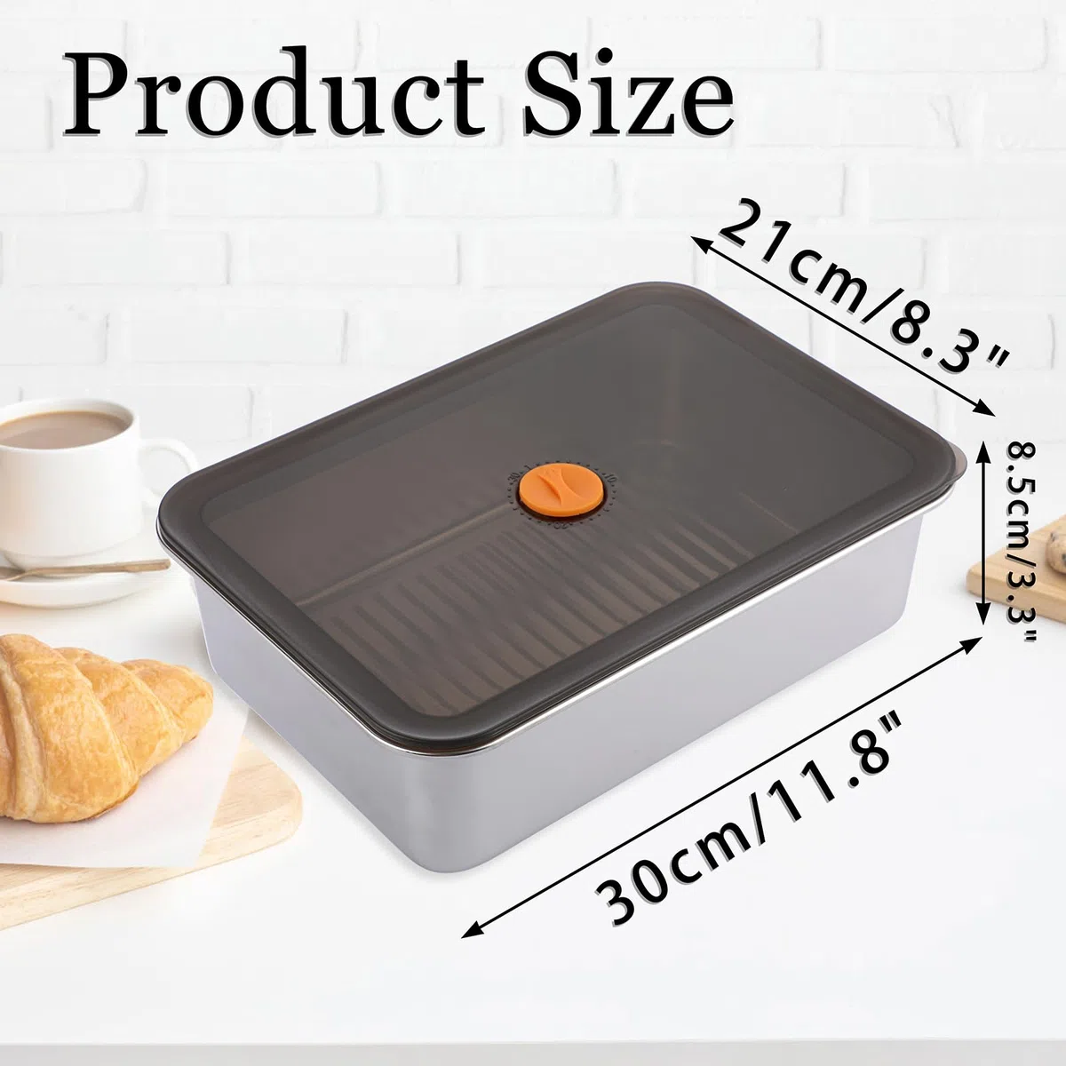 SUMTree Caja de acero inoxidable para pizza, caja de fermentación con tapa, caja ligera para masa, fruta, ensalada, pasteles, carne (30 x 21 x 8,5 cm)