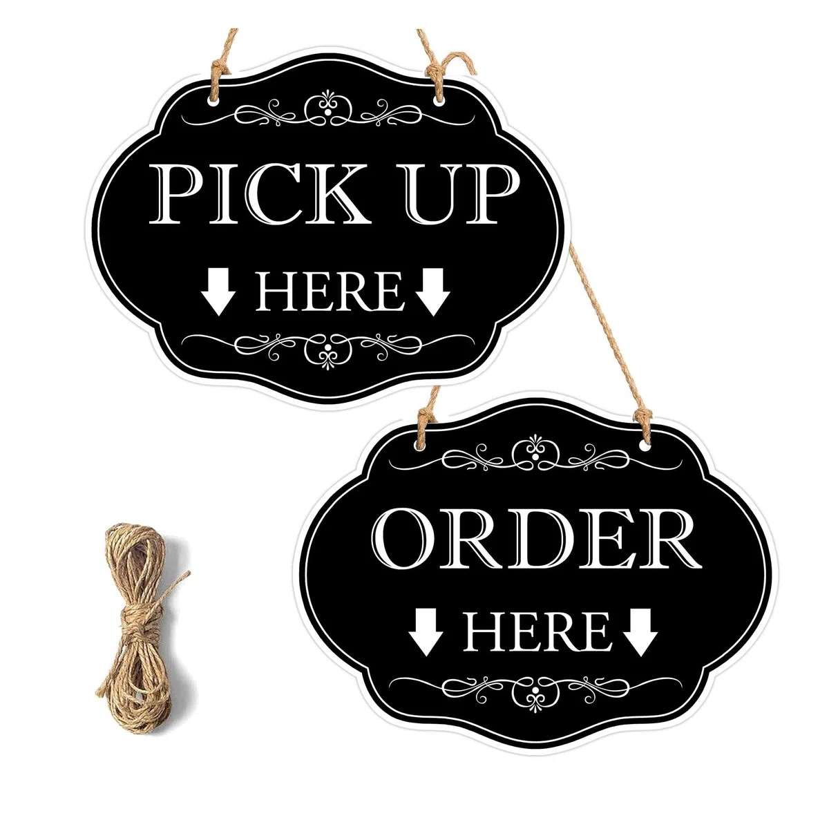 Paquete de 4 carteles de pedido y recogida de 7.5 x 10 pulgadas, letreros con cordeles para restaurantes, cafeterías y bares (negro)