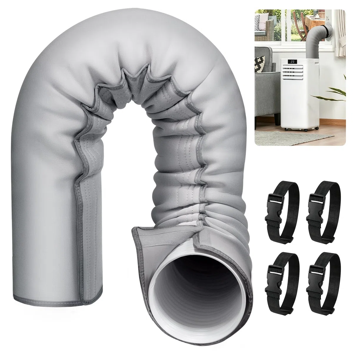 Funda Aislante para Manguito de Extracción de Aire Acondicionado Portátil, Tres Capas Aislamiento, Compatible Manguitos 130mm y 150mm, Instalación Sencilla con 4 Correas Ajustables (Negro)