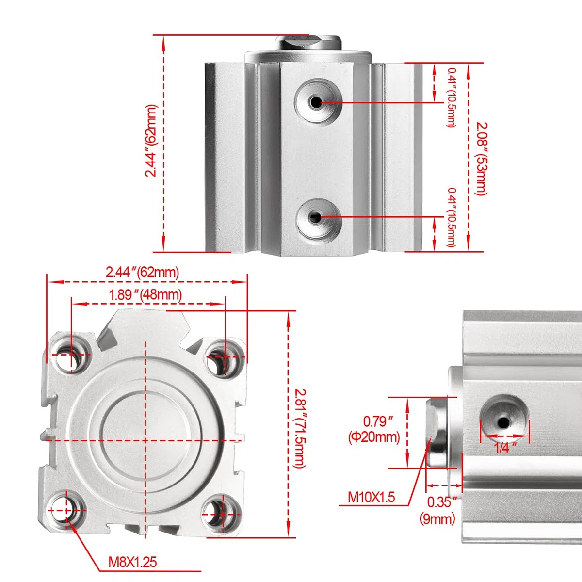 Heschen Cilindro de aire de aluminio compacto neumático, SDA 50-25, diámetro 50mm, carrera 25mm, tamaño de puerto PT1/4 '', efecto doble