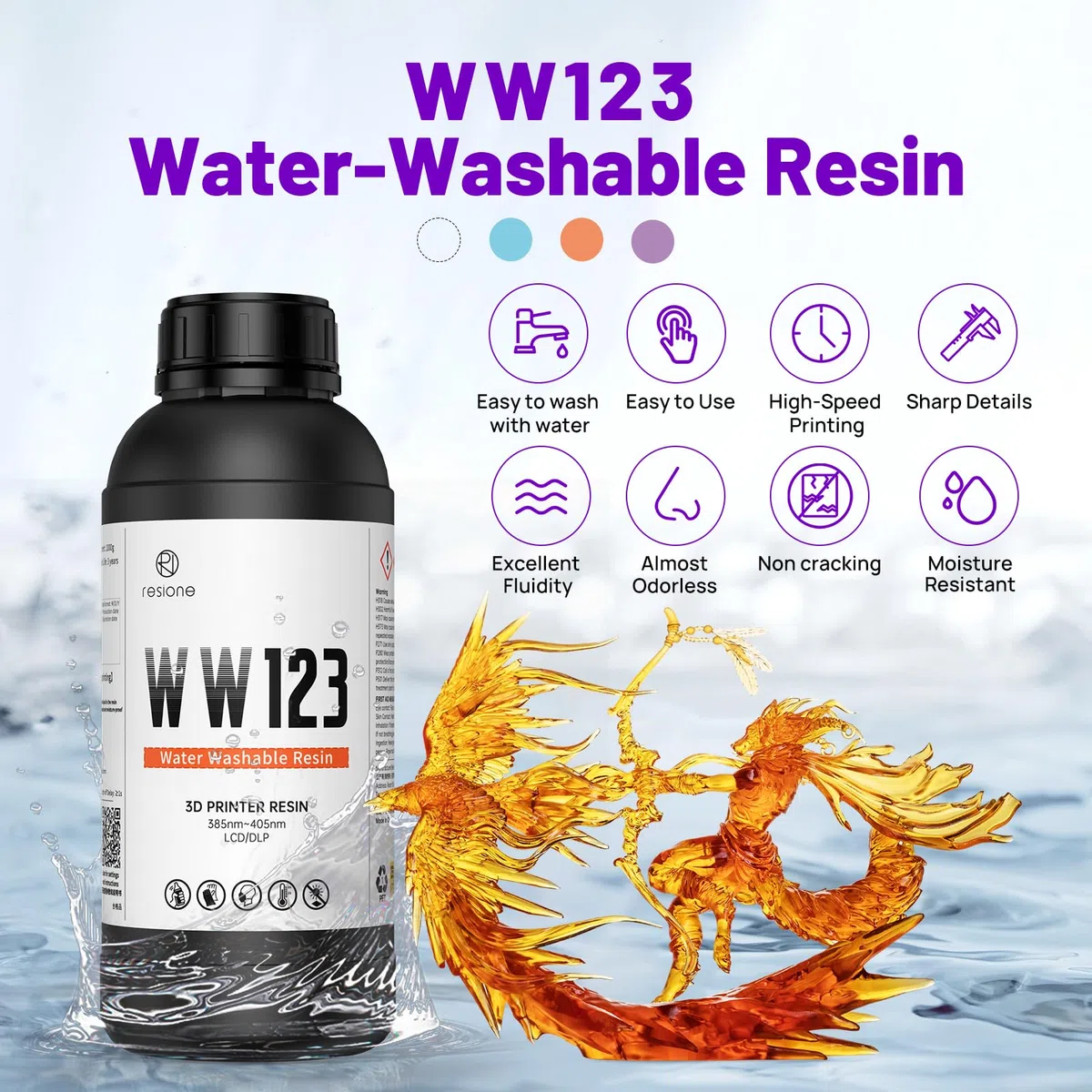 RESIONE WW123 Resina Lavable al Agua, Resina para Impresora 3D de Alta Velocidad de 405 nm, Sin Agrietamiento y Resistente a la Humedad, Casi Inodora- 1000g (Naranja llameante)
