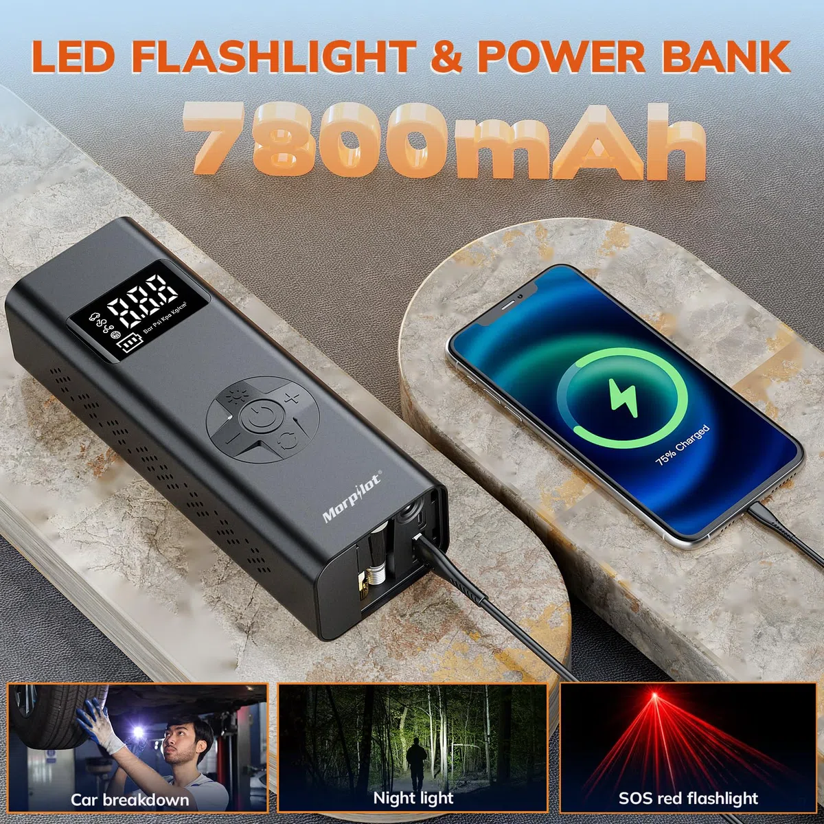 Morpilot 7800mAh Compresor de Aire Portátil, 150 PSI Inflador Inalámbrico para Neumáticos de Coche con Enchufe para Encendedor, Luz LED, Manguera de 30 cm y 4 Agujas para Coches, Motos, Bicicletas