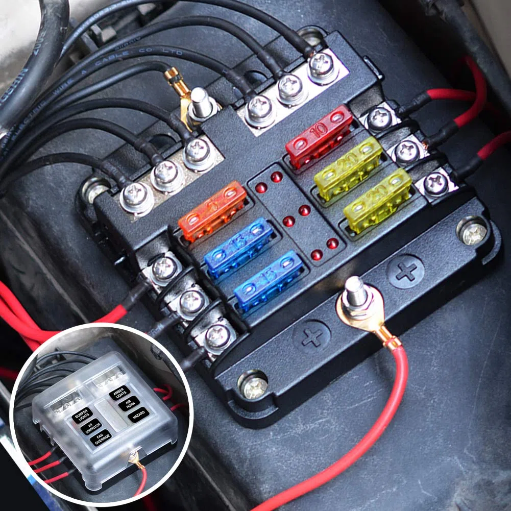 Bloque de fusibles de 6 vías, fusible de hoja de 12 V, 6 circuitos ATC/ATO, impermeable, soporte de caja de fusibles con indicador LED, cubierta impermeable para 12 V/24 V, camión, barco, caravana,