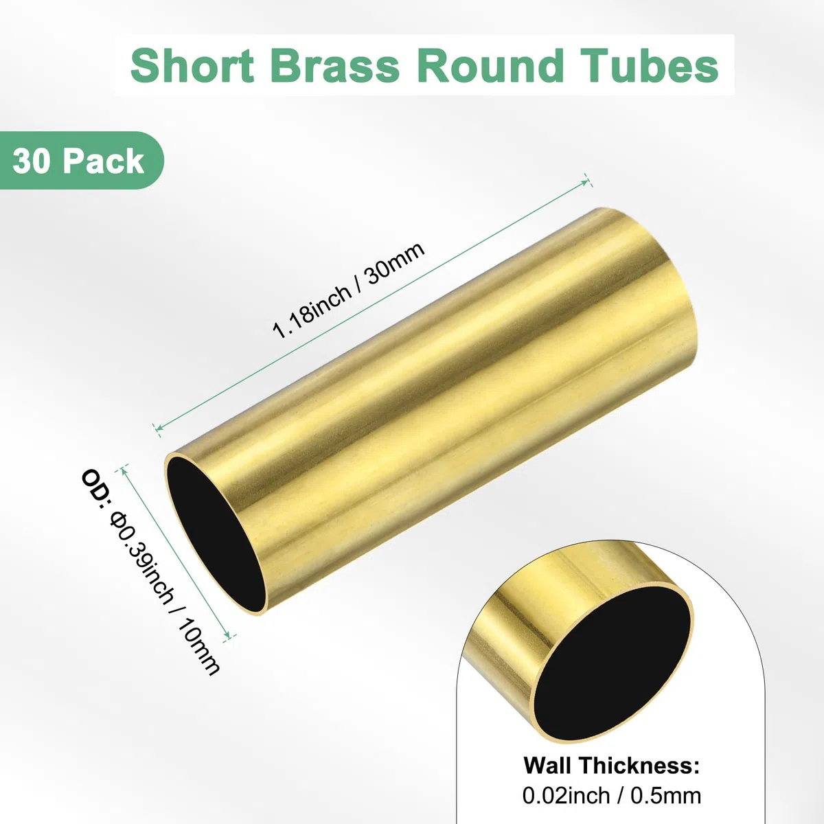 M METERXITY 30 Piezas De Tubo Redondo De Latón De 30 Mm, 10 Mm De Diámetro Exterior Y 0.5 Mm De Grosor De Pared, Tubo Corto De Latón Sin Costura Para Manualidades [0.39x0.02x1.18 PULG]