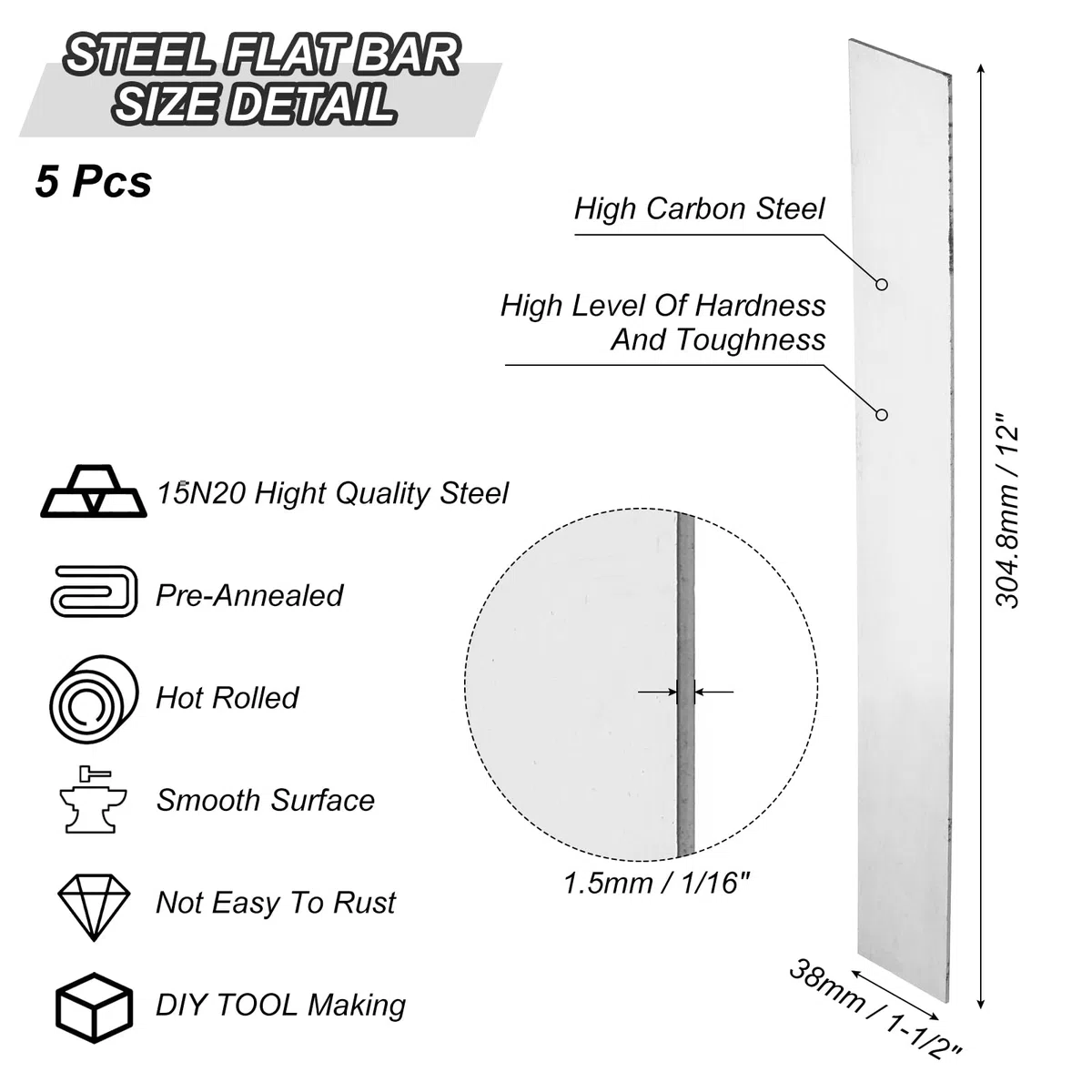 PATIKIL Barra Plana de Acero 15N20, 5pcs, 305x38x1.5mm(L*An*G) Material para Fabricación de Cuchillos para Bricolaje en Blanco Hoja Metal, Profesional y Aficionado Uso, Plateado