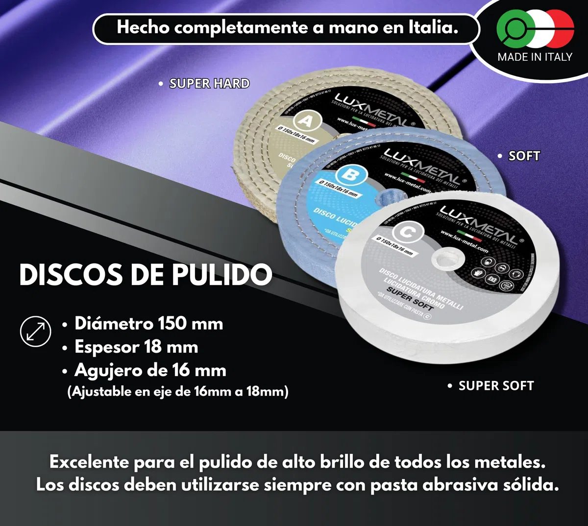 Kit 3 discos de pulido 150 mm A-B-C Discos algodón pulido espejo Acero inoxidable Metales Aluminio Juego de pulido para taladro Amoladora Rueda Latón Cobre Madera Mármol Plexiglás
