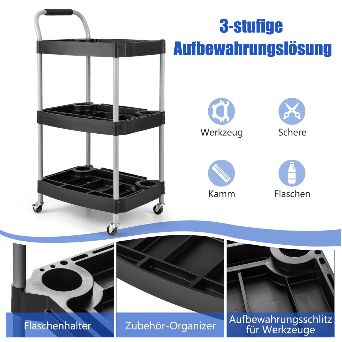 GYMAX Carro de Herramientas de 3 Niveles, Móvil con Asa, Ranura de Almacenamiento, Ruedas Universales, Organizador Resistente para Garaje, Barbería, Salón de Belleza, Taller
