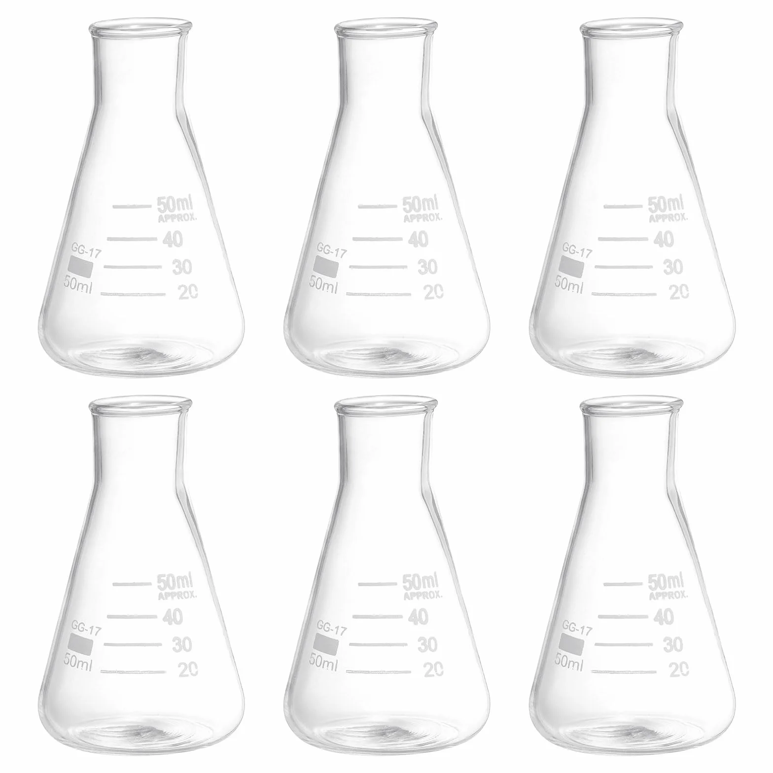 PATIKIL Matraz Erlenmeyer 6 Piezas 50Ml con Boca Estrecha Y Graduado Impreso de Vidrio de Borosilicato para Laboratorio Experimentos Química Estudio Científico