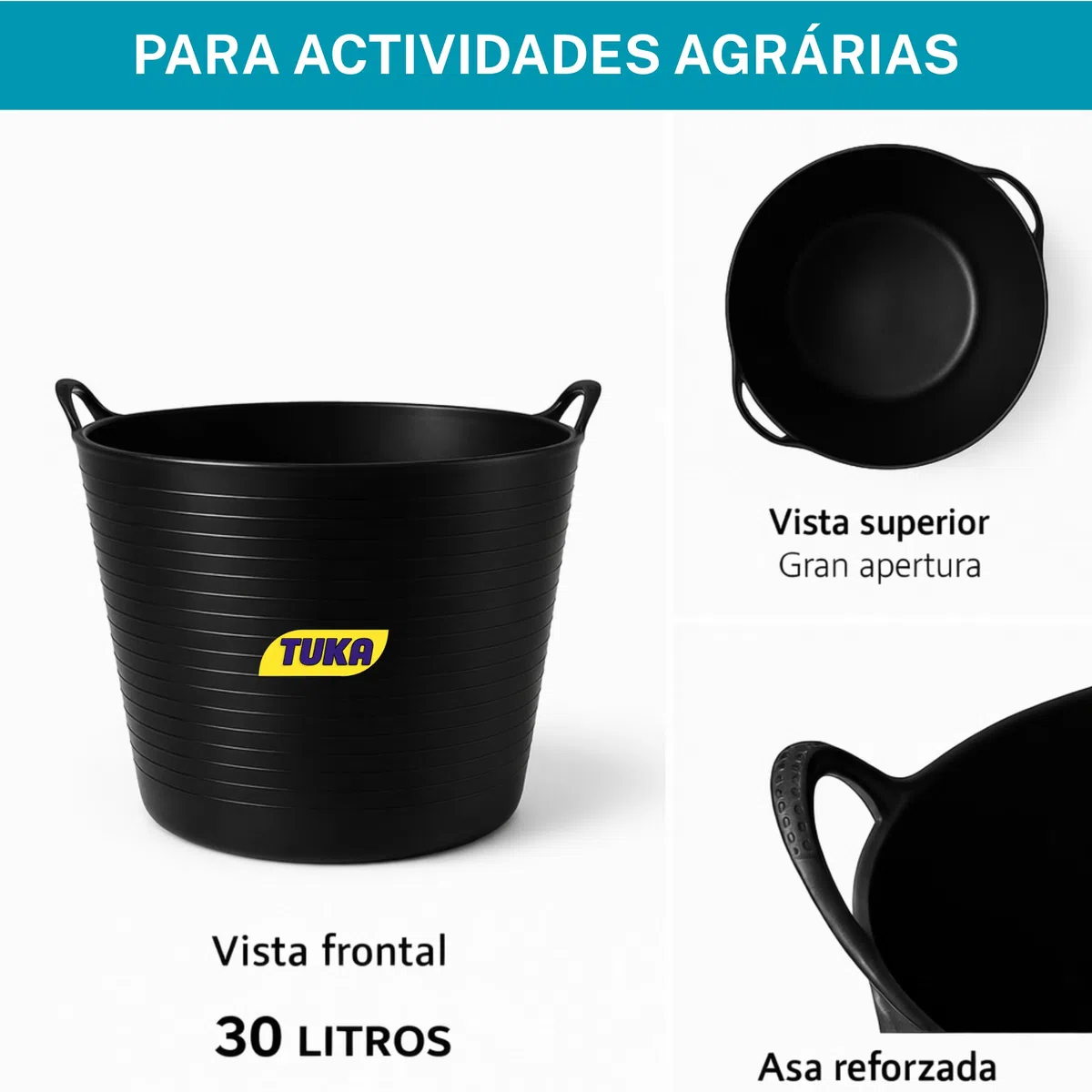 TUKA Pack de 8 Capazos de Plástico 30 L – Profesional, Color Negro | Barreño, Cubeta Resistente Multiusos para albañilería, jardinería, Agricultura y hogar (8, Negro)