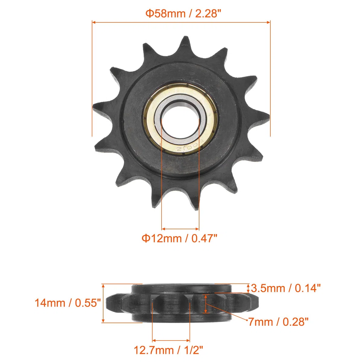 sourcing map #40 Cadena Polea Piñón, 12mm Diámetro Interior 1/2" Paso 13 Diente Tensor, Negro Óxido Acabado C45 Carbón Acero con Inserto Individual Rodamiento para ISO 08A Cadenas