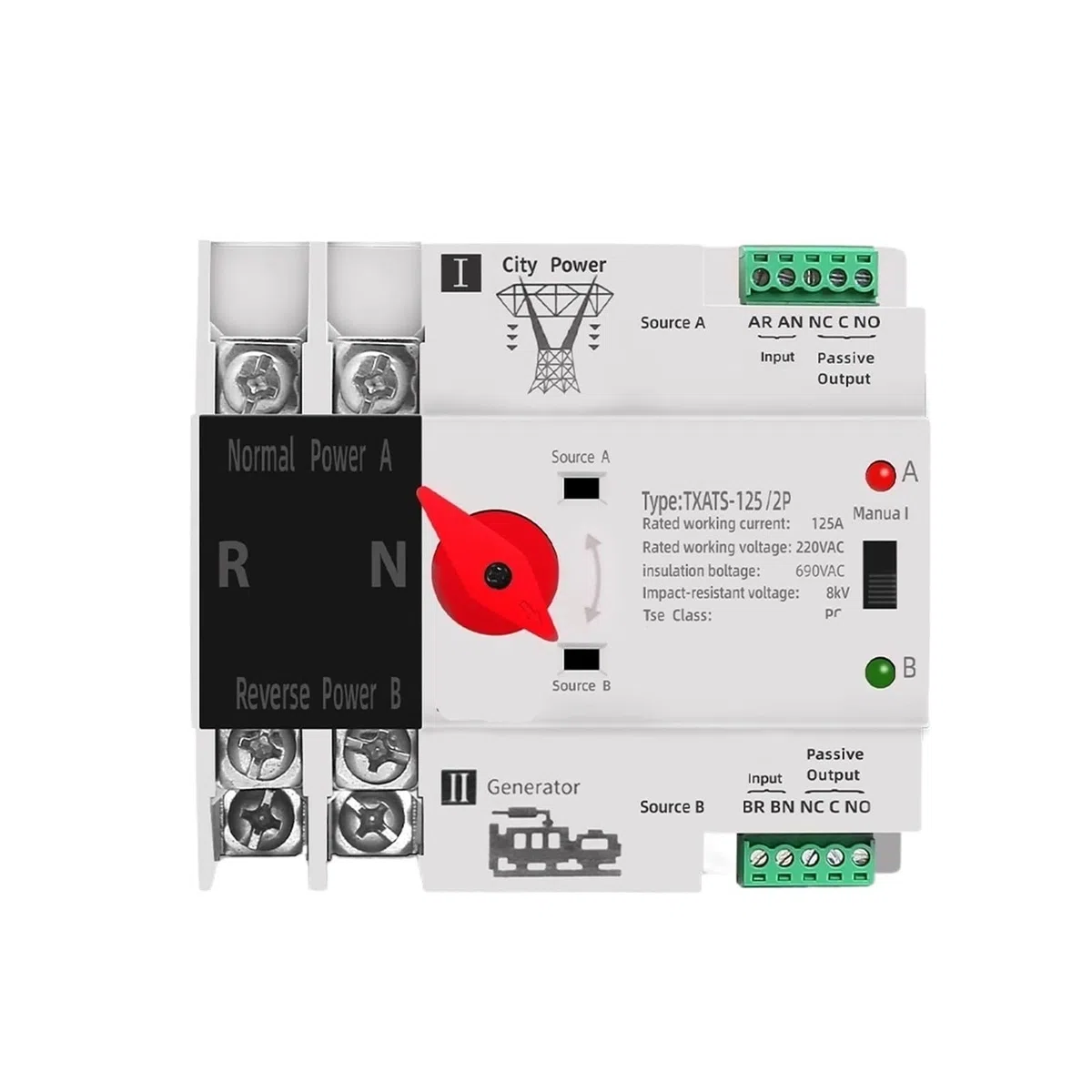 Interruptor de transferencia automática, Interruptor de transferencia automático monofásico carril DIN ATS 220 V, doble potencia, 2 polos, 63 A, 100 A y 125 A(63a)