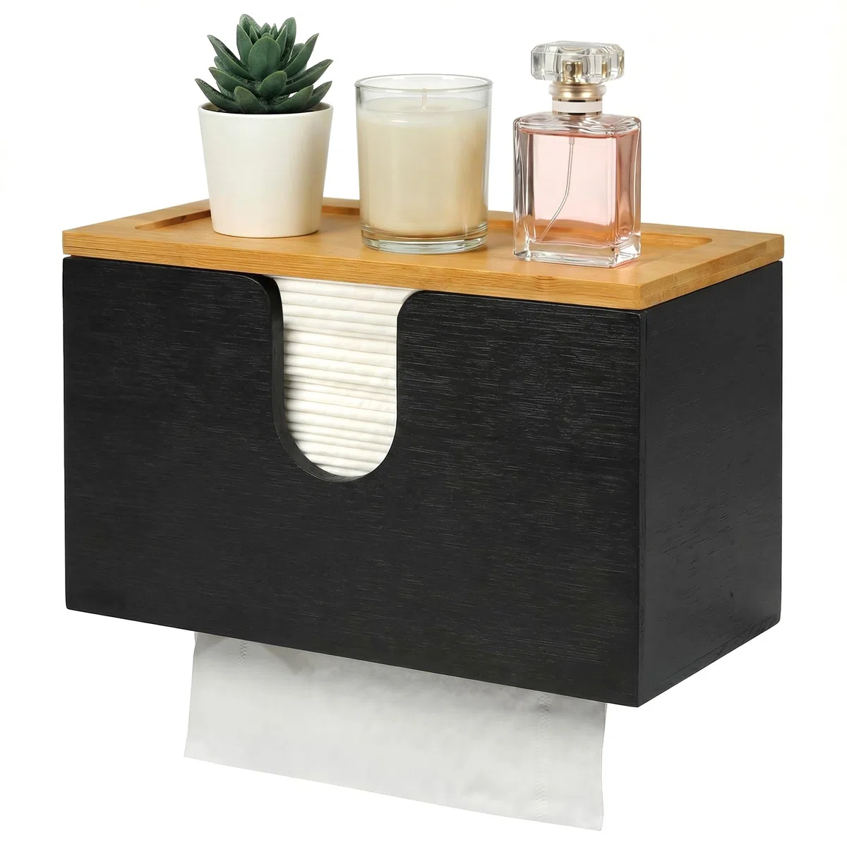 Dispensador de toallas de papel de bambú - Soporte para toallas de papel con montaje en pared o mesa, 27,5 x 16 x 13 cm, para toallas C/Z/V y H2 con tapa magnética que sirve de estante - Negro