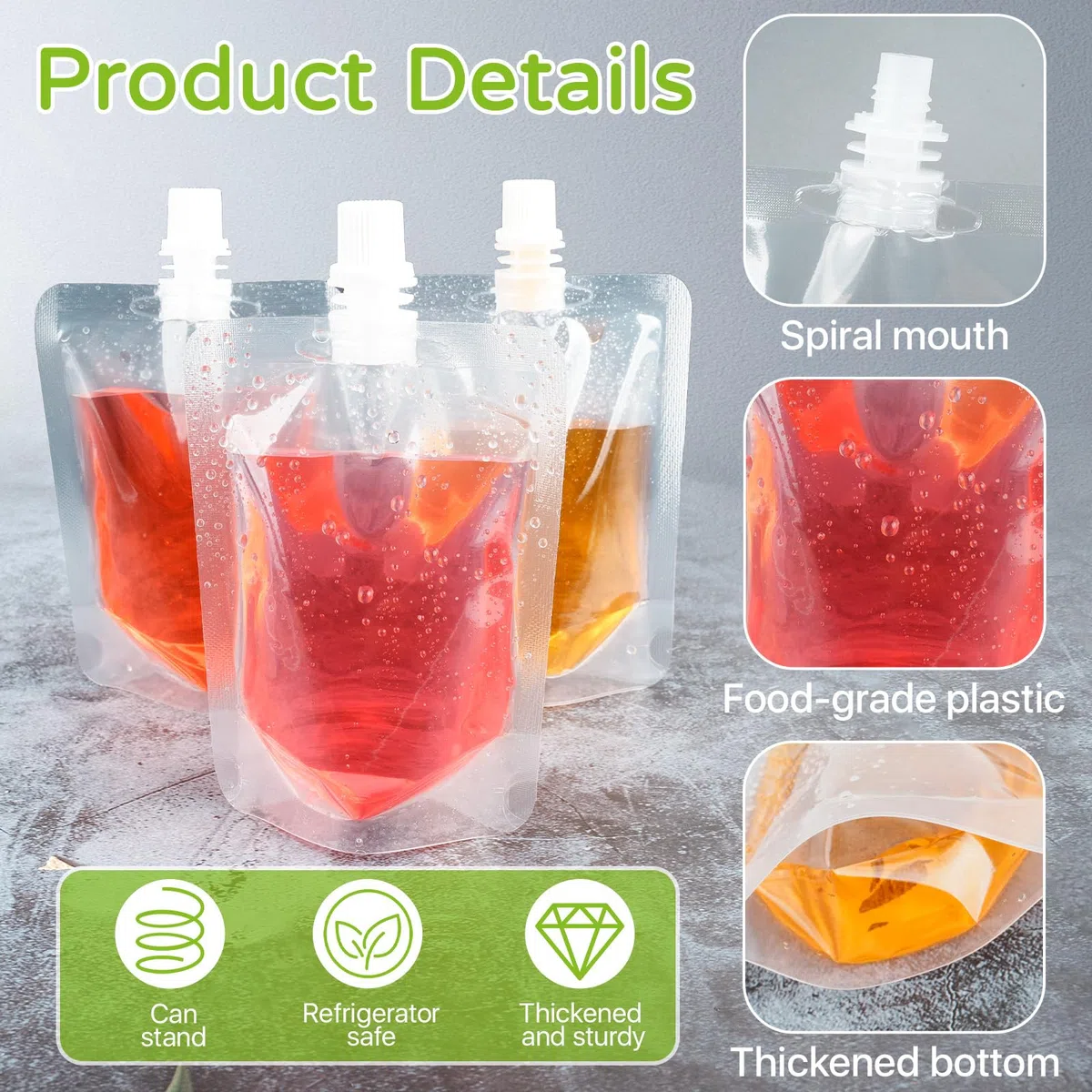 100 bolsas de bebidas de 100 ml para festivales, frascos de plástico recargables con 4 embudos, a prueba de fugas, bolsas transparentes para líquidos fríos y calientes, fiestas, viajes