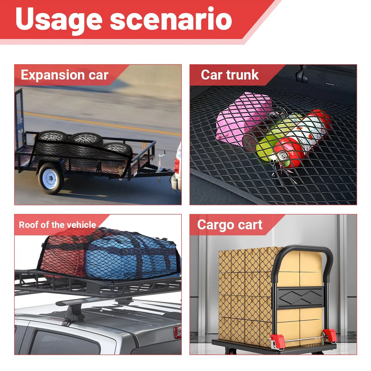 Red para maletero de 1,2 x 1,2 m, extensible hasta 2,1 m x 2,1 m, red de alta elasticidad para maletero, red de seguridad de carga con 8 mosquetones de acero para la mayoría de los coches