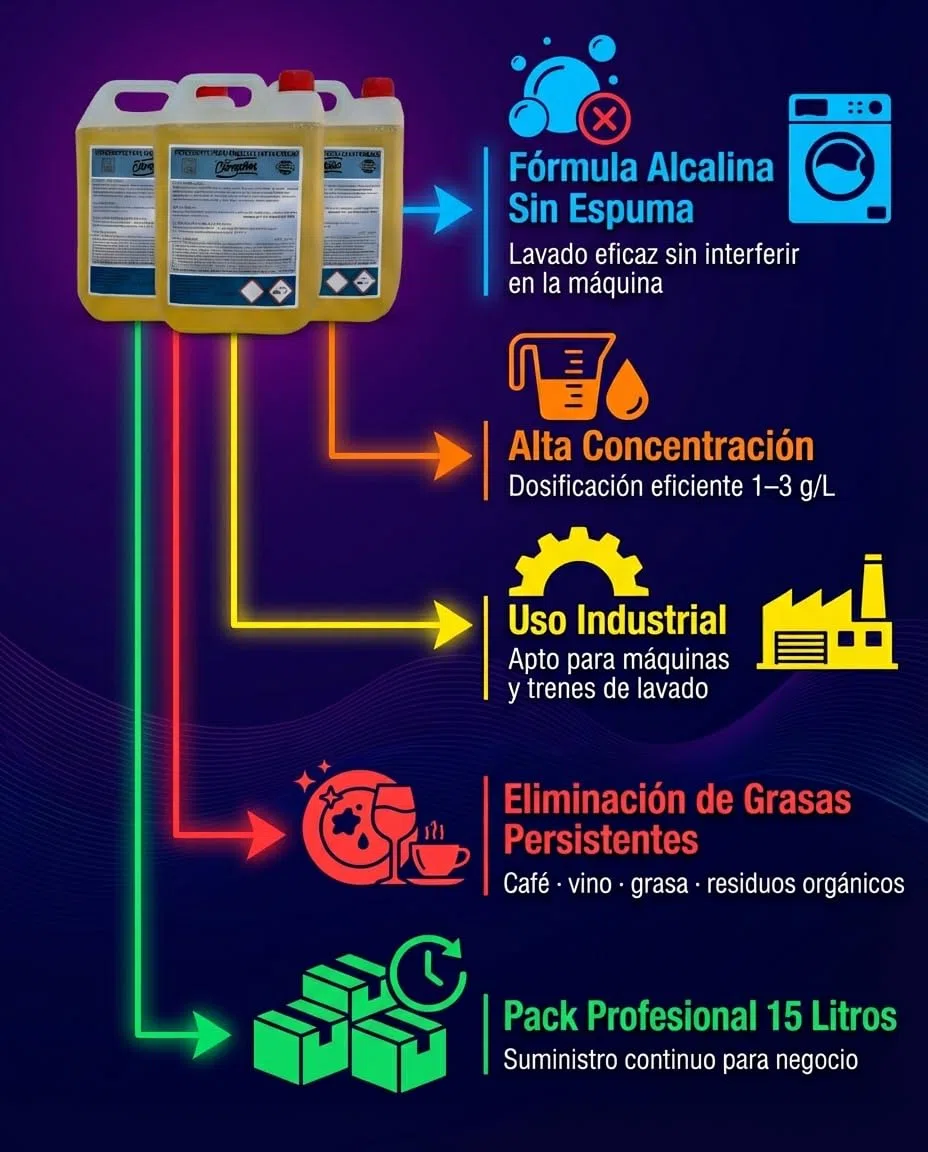 Detergente Lavavajillas Industrial Líquido Pack 3 Garrafas 5L Fórmula Alcalina Sin Espuma Alta Concentración Desengrasante Profesional Para Máquinas Y Trenes De Lavado Hostelería