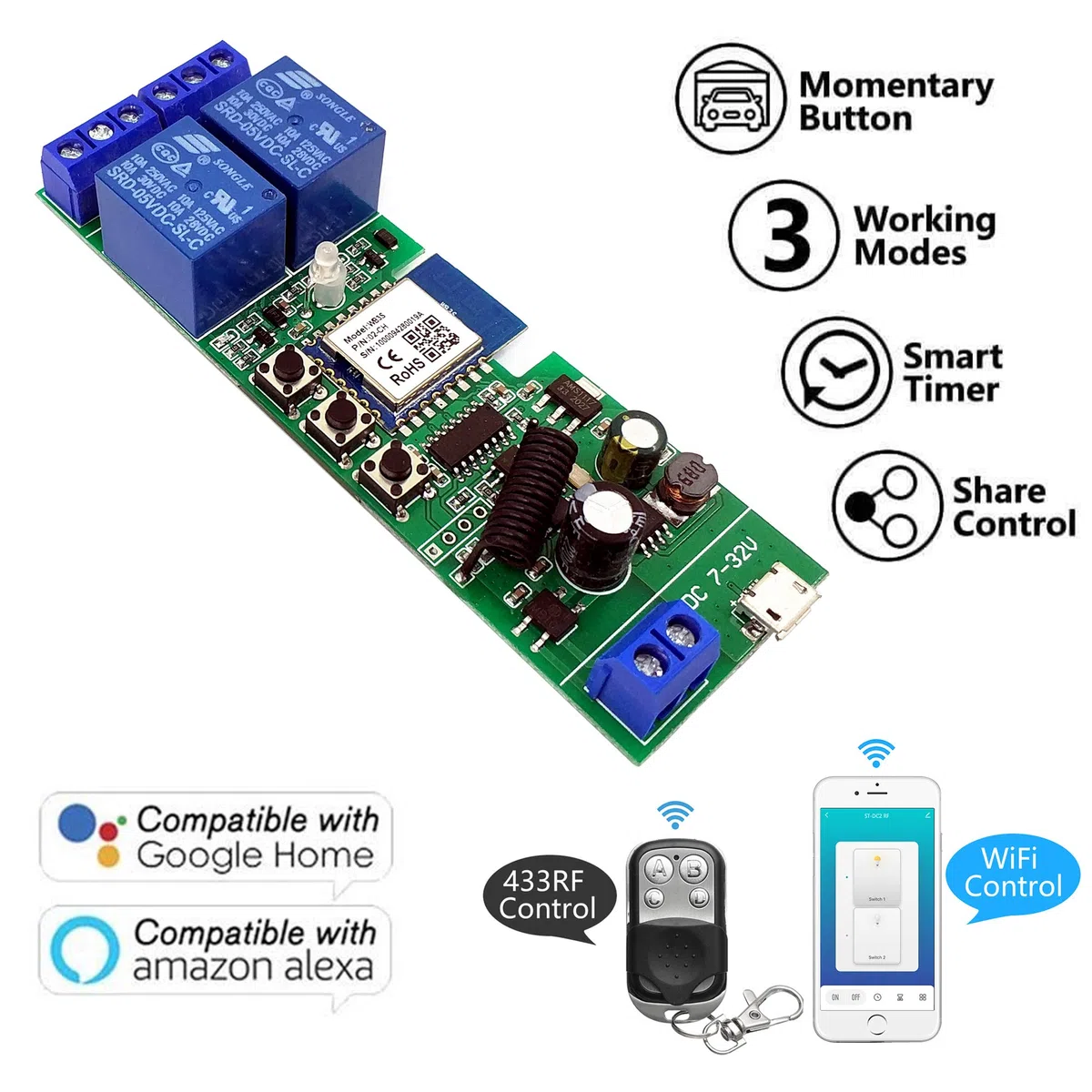 2 canalesWiFi Wireless Smart Switch Módulo de relé de bloqueo automático que avanza lentamente, se aplica al control de acceso Tuya SmartLife APP, DIY WiFi Abridor de puerta de garaje