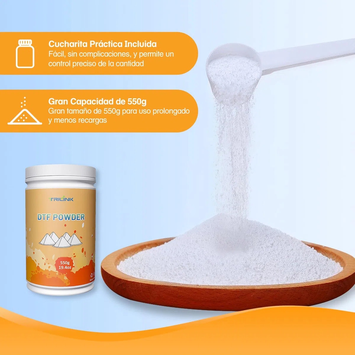 TRILINK Polvo DTF para Sublimación 550g – Polvo de Transferencia DTF Adhesivo a Fusión Caliente para Todas las Impresoras DTF para Impresión Digital en Camisetas Textiles