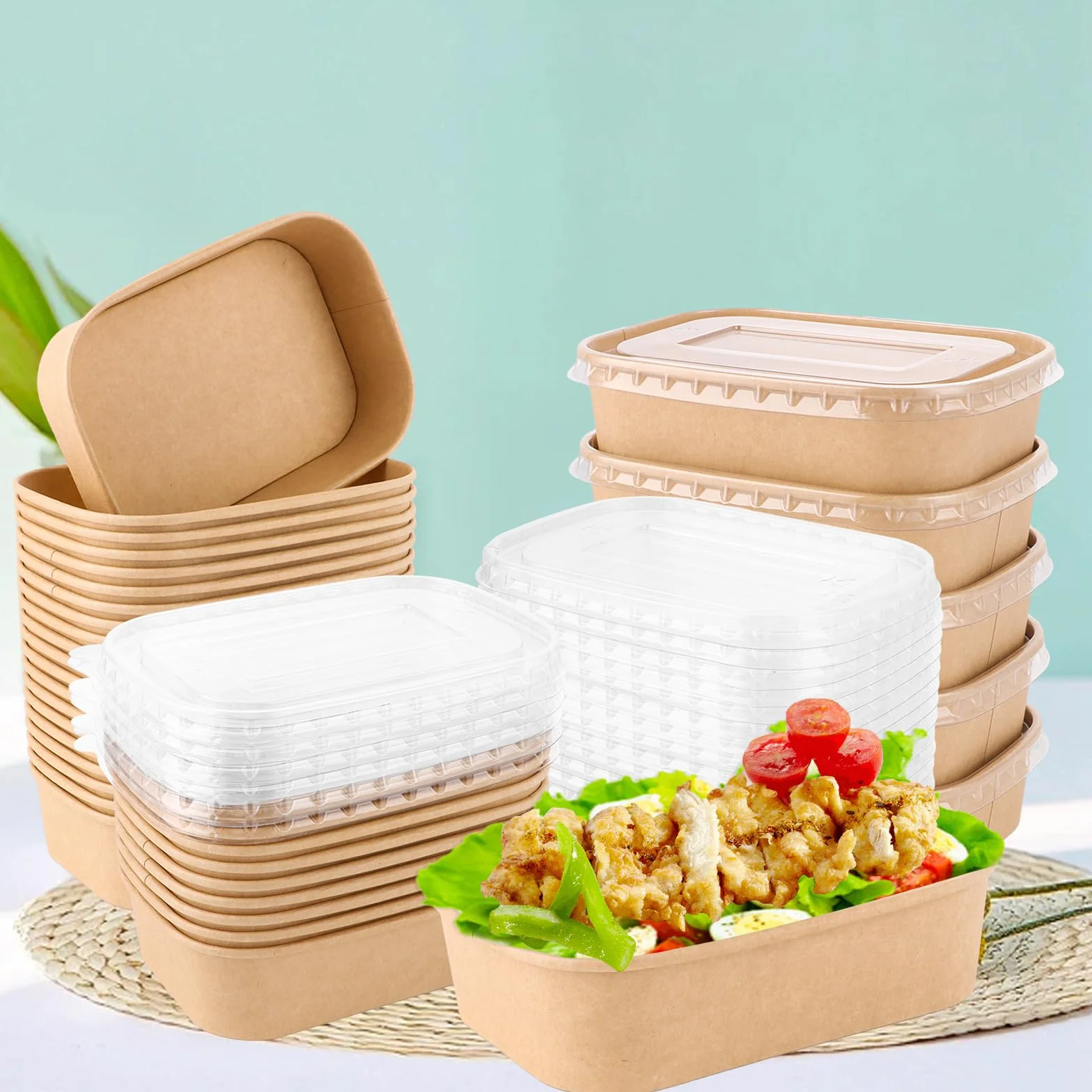 Pack de 50 Envases de Plastico con Tapa, Envase Plastico Comida para Llevar 500 ml con Tapa PET, Envases Comida para Llevar Cajas Kraft 171x120x43 Mm para Ensalada Pasta