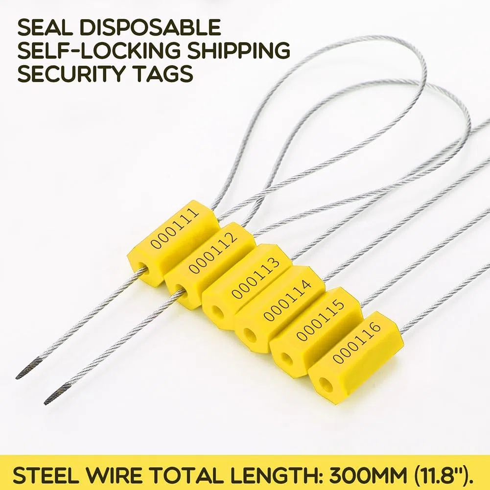 120 precintos de cable de acero, sellos de seguridad de metal, precintos de metal numerados para remolques, etiquetas de seguridad, etiquetas a prueba de manipulaciones, amarillo