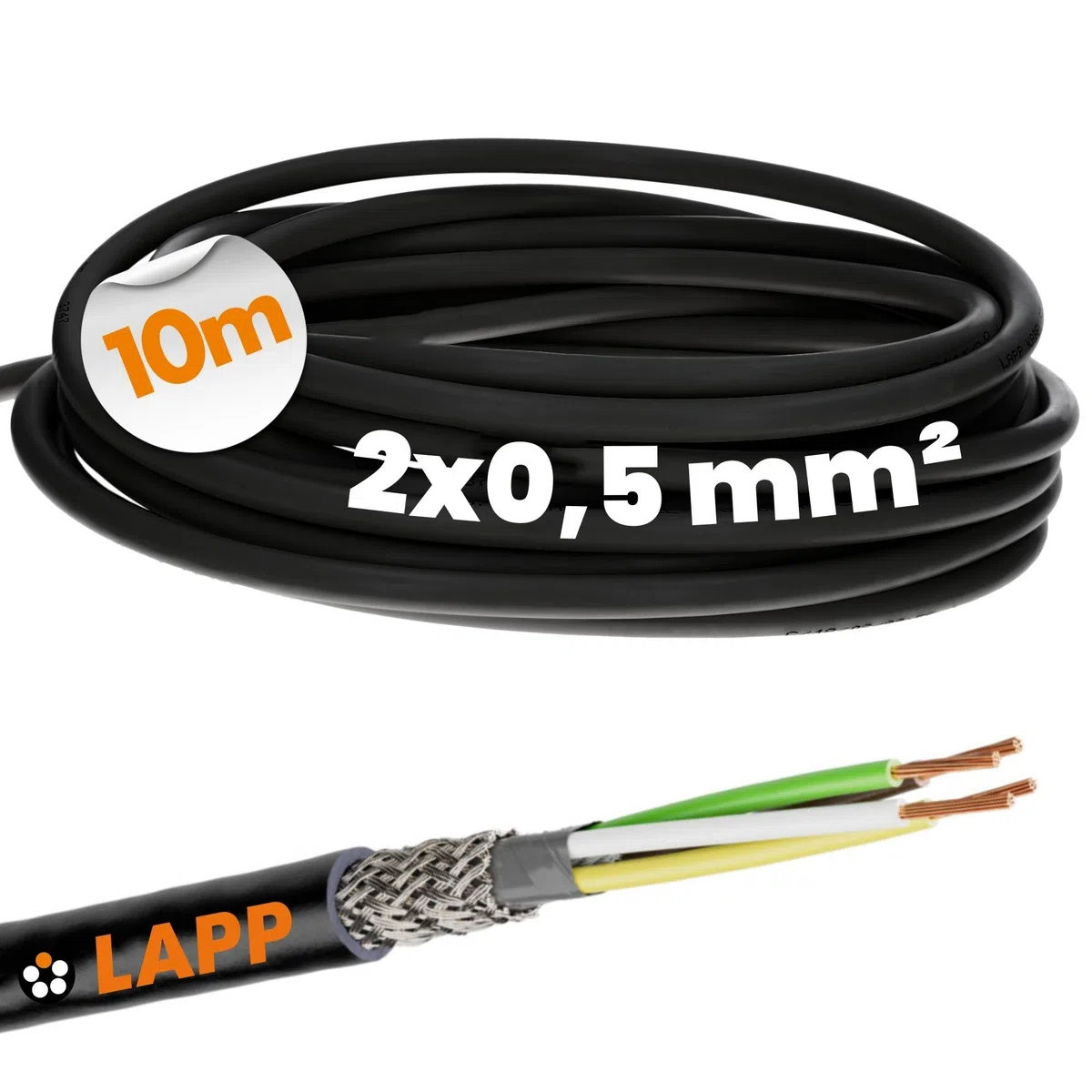 Lapp 1030517 LiYCY - Cable de control blindado apantallado (10 m, 2 x 0,5 mm², resistente a los rayos UV, 2 conductores, cable de datos para exteriores, cable de soldadura, cable de conexión, LED)
