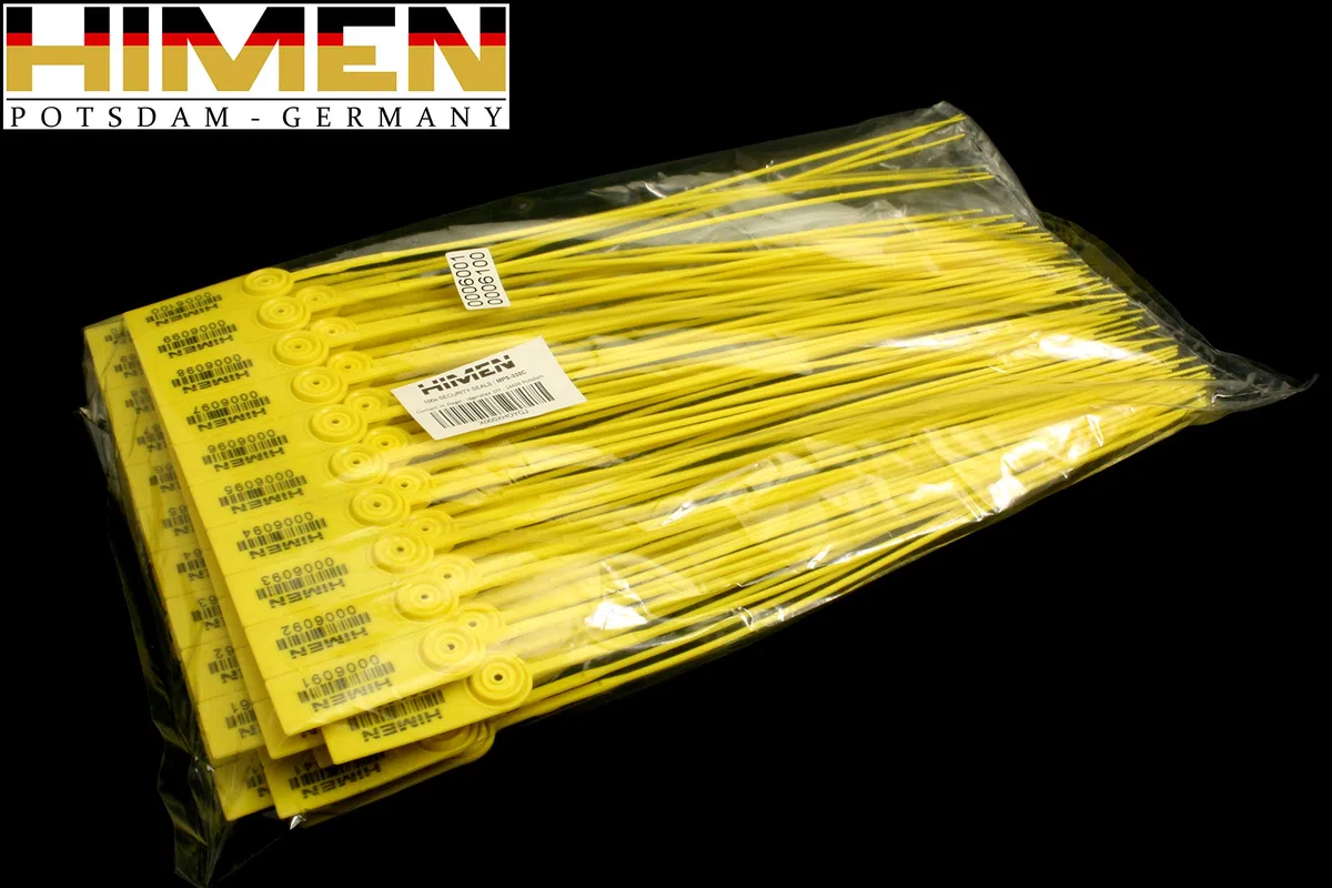100 Precintos de Seguridad de plástico con incrustaciones de metal por HIMEN | numerados consecutivamente | con CÓDIGO DE BARRAS | Longitud 330 mm | MPS-330C | sellos | amarillo