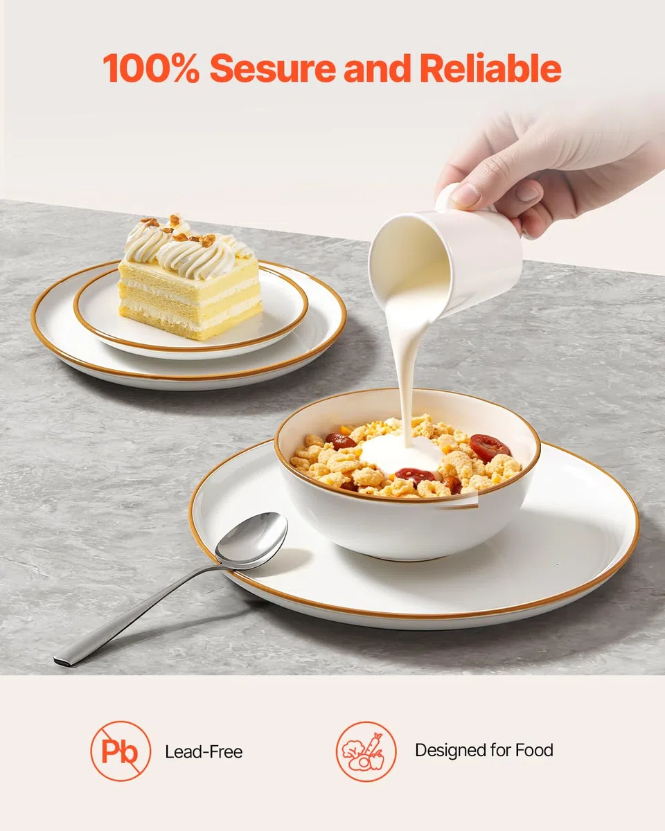 VEVOR Vajilla para 8 Personas, Platos y Cuencos Redondos, Cerámica Resistente a Arañazos, Apta para Lavavajillas y Microondas, Ideal para Postres, Ensaladas, Sopas y Pastas, Color Blanco, 32 uds