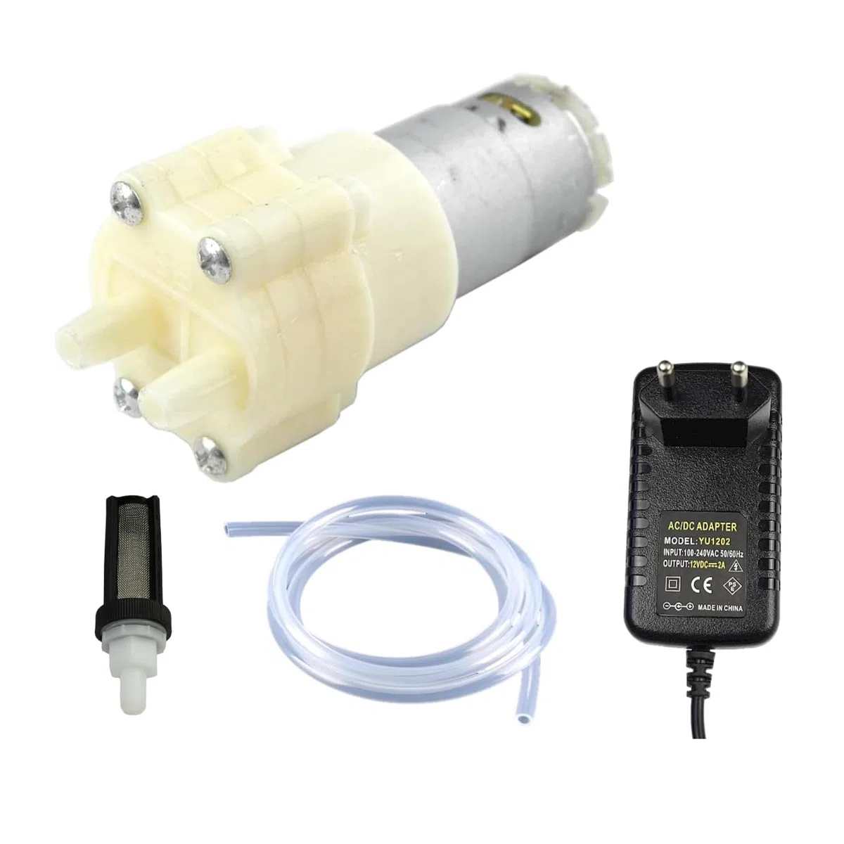 CHANCS 385 Bomba autocebante de diafragma DC 6V-12V con filtro de tubo de silicona y fuente de alimentación Entrada 100V-240V Salida DC 12V para el ciclo diario de agua de peceras y electrodomésticos