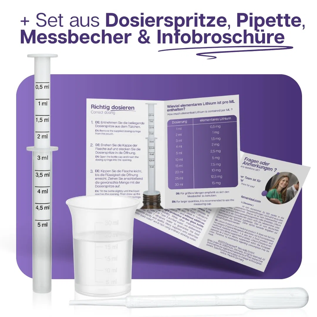 Lithium Orotate >99% 500 PPM 500 ml | ml contiene 0.5 mg de litio elemental = 500 PPM | incl. vaso dosificador de 30 ml, jeringa dosificadora de 5 ml, pipeta de 3 ml & folleto informativo