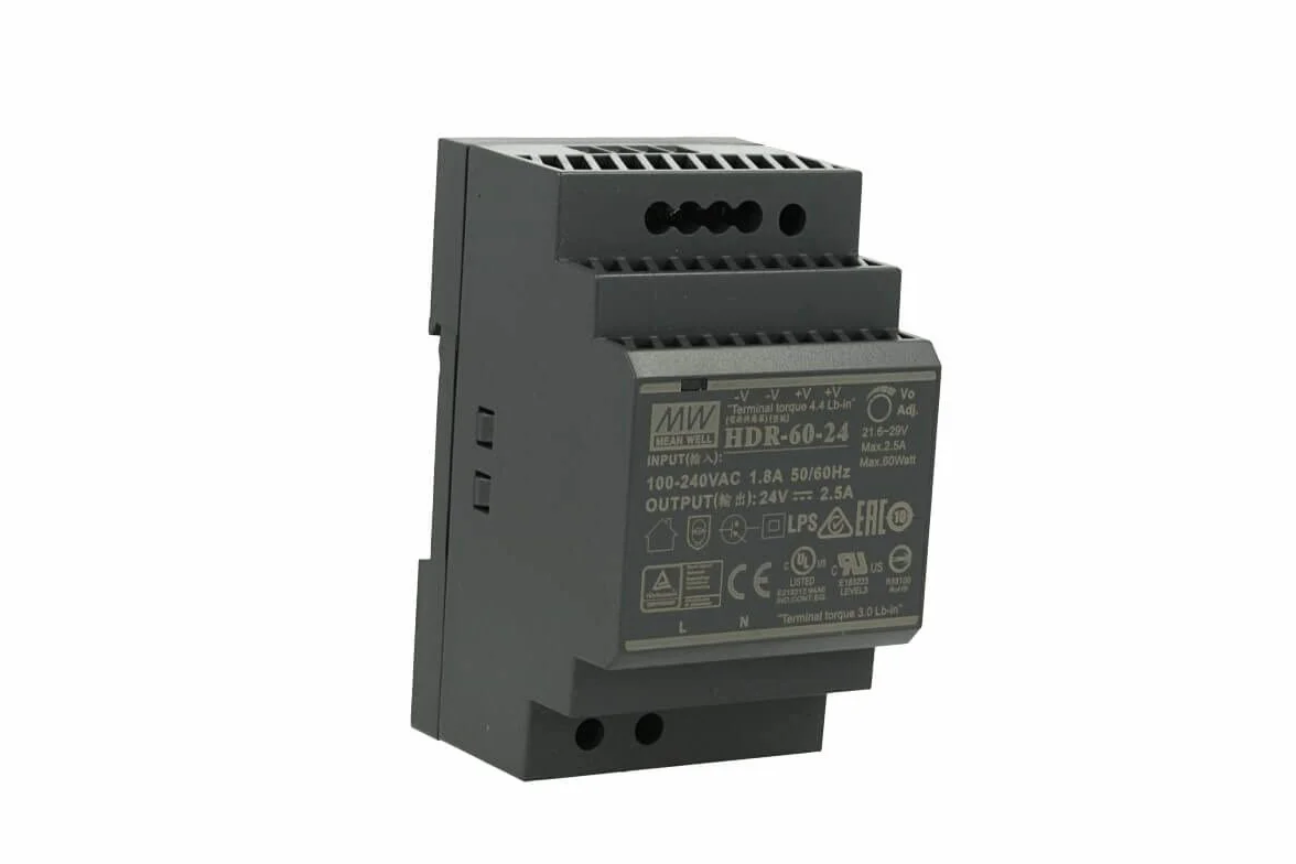 Mean Well HDR-60-24 60W 24V 2,5A Alimentación de Din Rail DIN-RAIL, 100-240VAC, 1.8A, 50/60 Hz, 24V = 2.5A, Negro