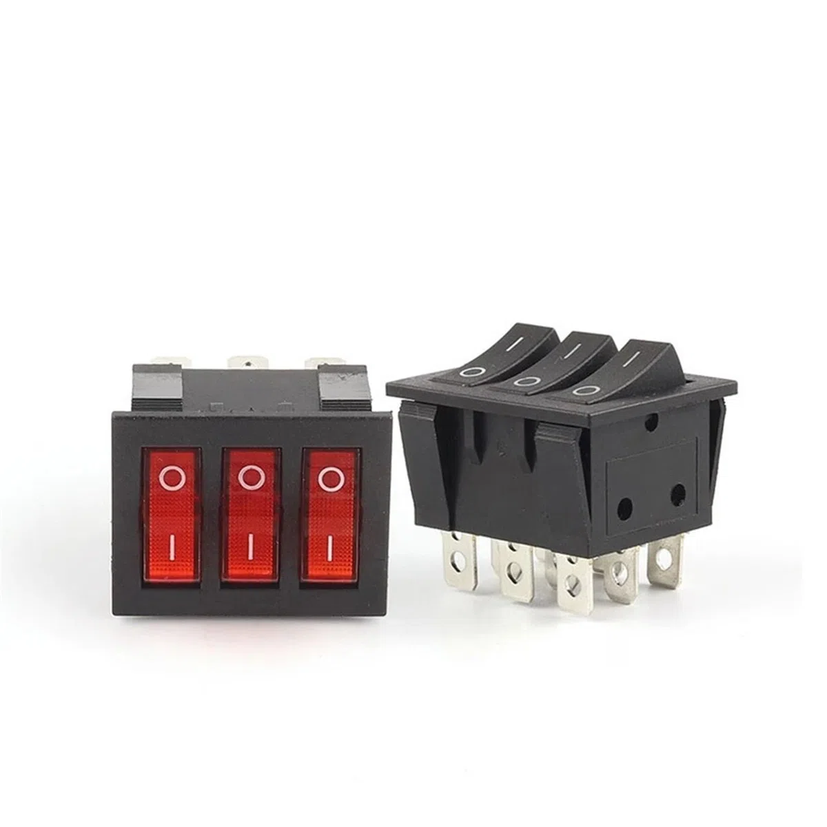 Interruptor basculante KCD3 40,3 x 33,3 mm, luz roja, 3 vías, negro, 9 pines, 2 posiciones, ON-OFF/ON-ON, 16A/30A, 250V CA, triple interruptor de alimentación, 10 unidades (With Red Light)