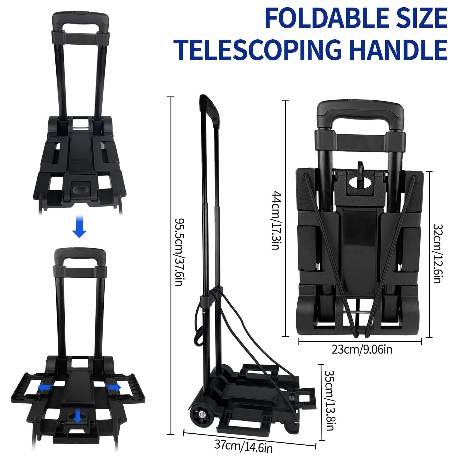 Carretilla Plegable de Aluminio, Carro de Carga con Asa Telescópica, Soporta hasta 65kg, Mango Telescópico Largo 95.5 cm, Dimensiones de la Plataforma 35 * 36 cm para Transporte Mercancías