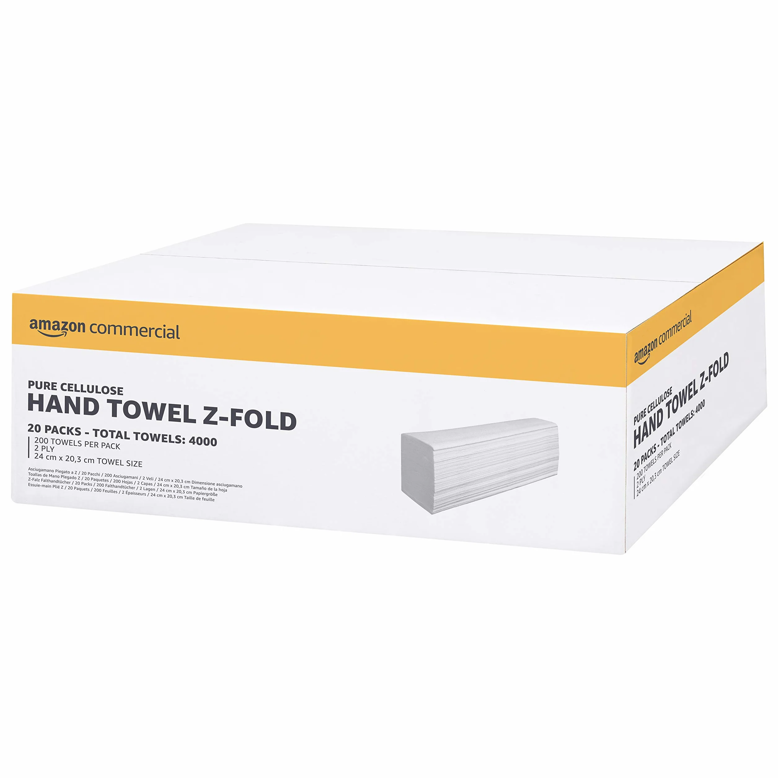 AmazonCommercial Servilletas de Papel de Varios Pliegues (Plegado en Z), 2 Capas de Celulosa, 4000 Hojas (20 Paquetes de 200), Tamaño de Hoja: 24 x 20,3cm, Compatibles con Dispensadores H2