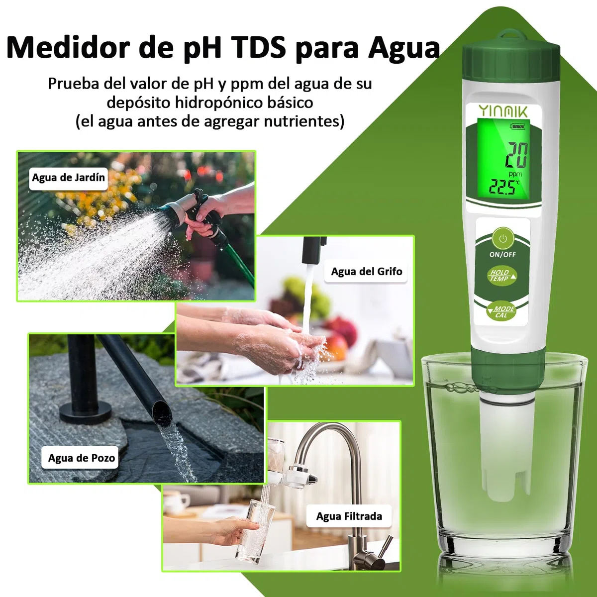 Medidor de pH, Medidor EC para Cultivo y Hidroponía, YINMIK Medidor de TDS para Nutrientes, Medir pH PPM Conductividad de Hidropónico, Medidor de pH TDS EC Temperatura para Agua, Acuario, Piscina