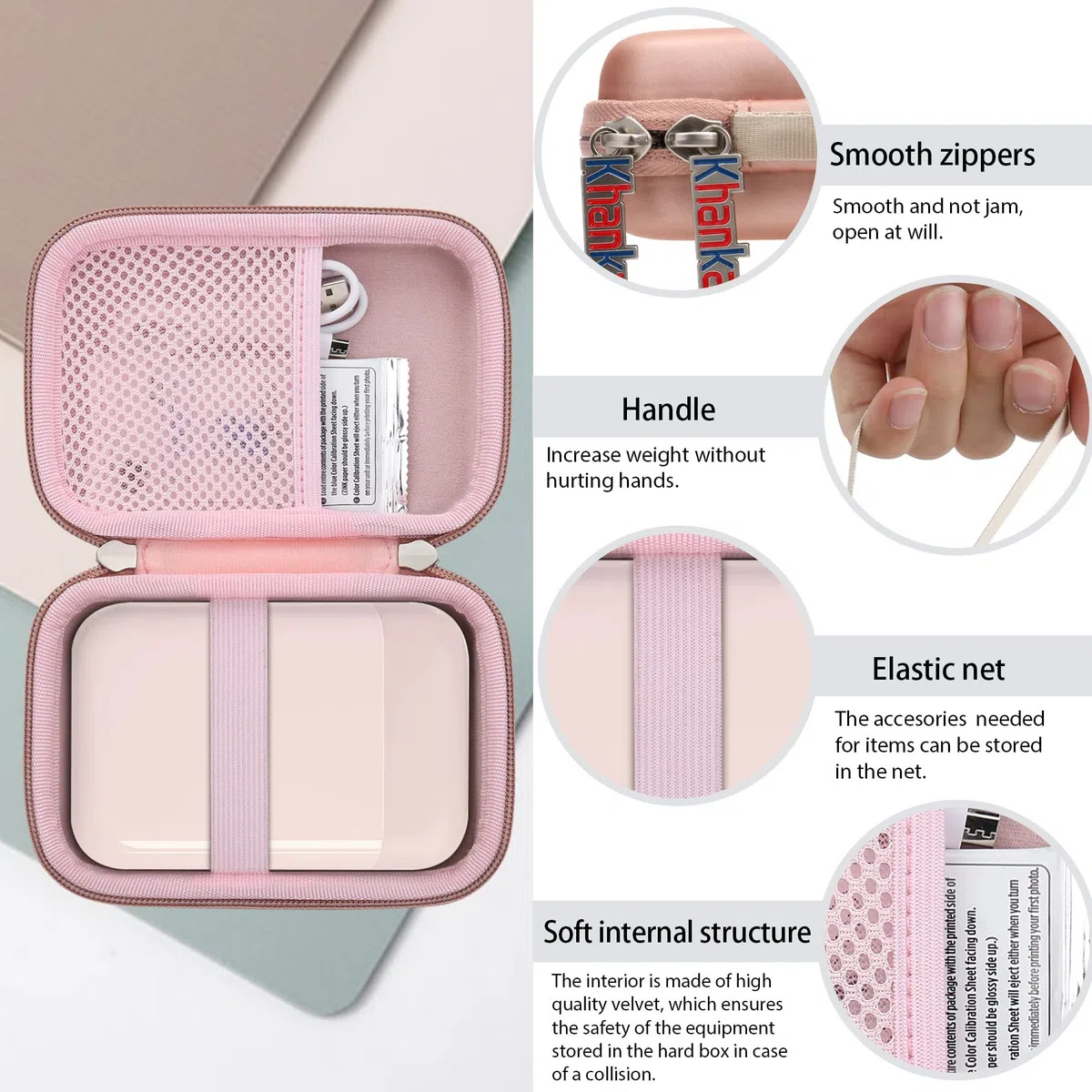 Khanka para Liene Pearl K100 2x3” Mini Impresora Fotos Case, Bolsa de Almacenamiento Compatible con Impresora fotográfica Liene Pearl K100 5 x 7,6 cm con asa de Transporte, Solo Funda (Rosa)