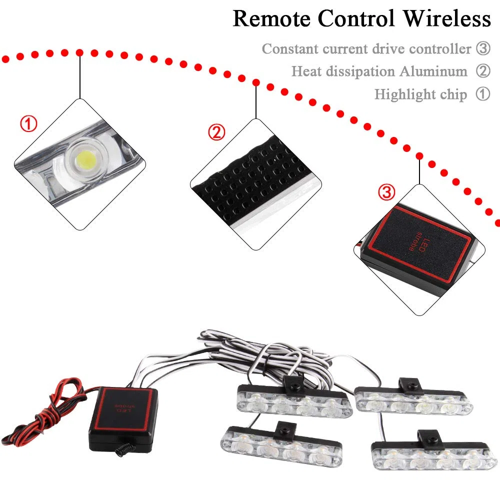 4x4 LED 4 en 1 Remoto Inalámbrico Luz de Advertencia Estroboscópica DC12V Intermitente de Emergencia Lámpara de Baliza Advertencia Estroboscópica Luz Externa de Emergencia（Blanco y Ámbar）